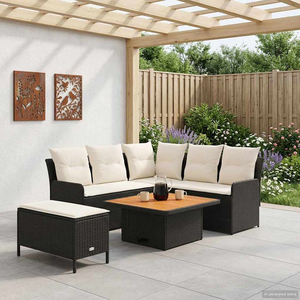 vidaXL Σύνολα επίπλων με μαξιλάρι 5 pcs Μαύρο και Κρέμα Ράτα PE