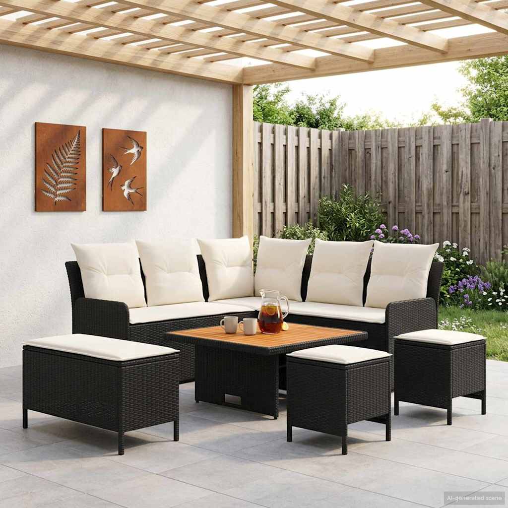 vidaXL Σύνολα επίπλων με μαξιλάρι 7 pcs Μαύρο και Κρέμα Ράτα PE