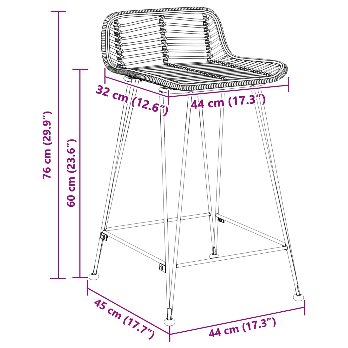 vidaXL Μπαρ σκαμπό 2 pcs Φυσικό 44 x 45 x 76 εκ. Ράτταν και Χάλυβας