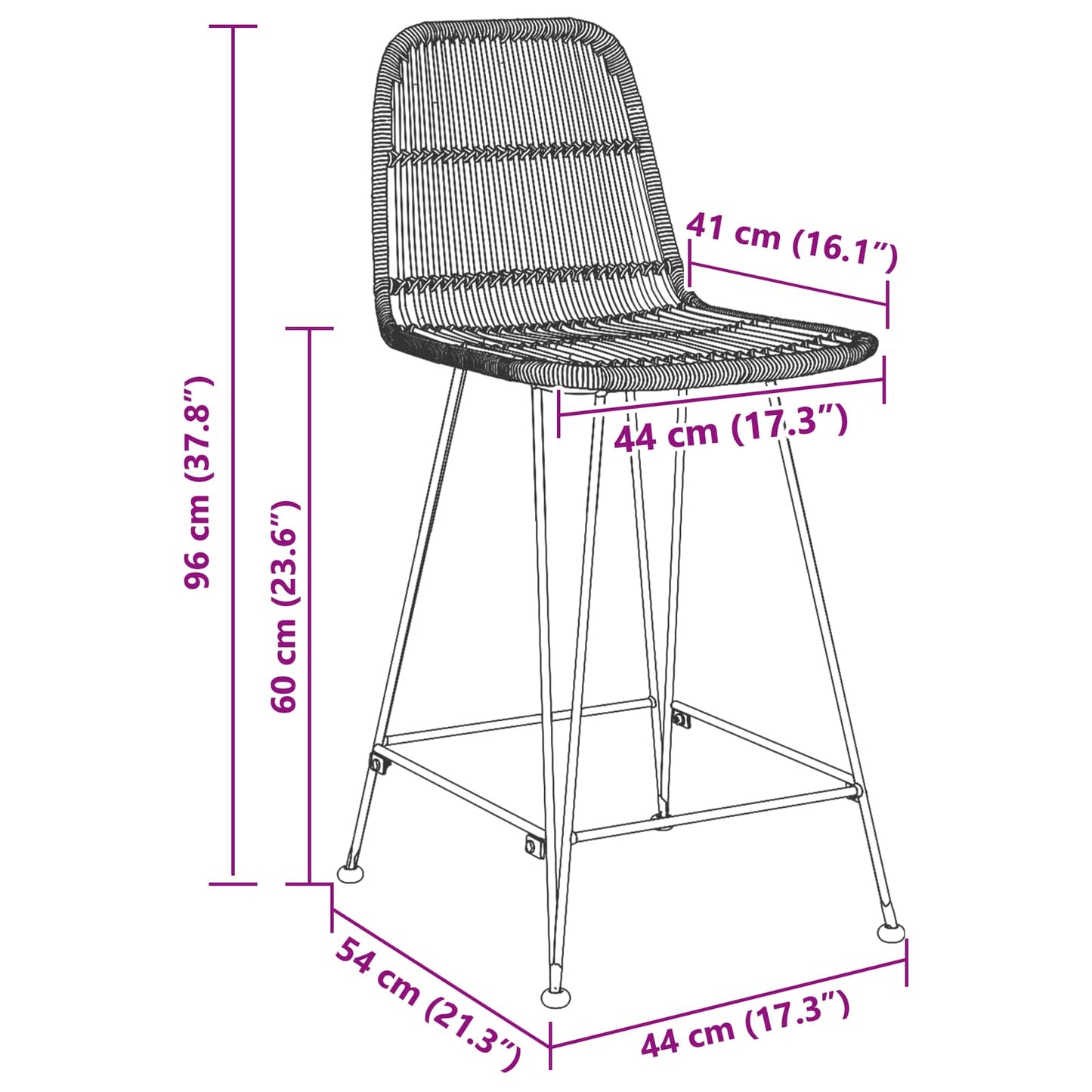 vidaXL Μπαρ σκαμπό 2 pcs Μαύρο 44 x 54 x 96 εκ. Ράτταν και Χάλυβας