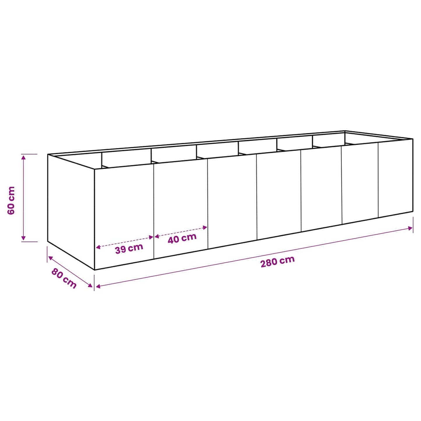 vidaXL Γλάστρα Κήπου Ασημί 280 x 80 x 60 εκ Ανοξείδωτο Ατσάλι