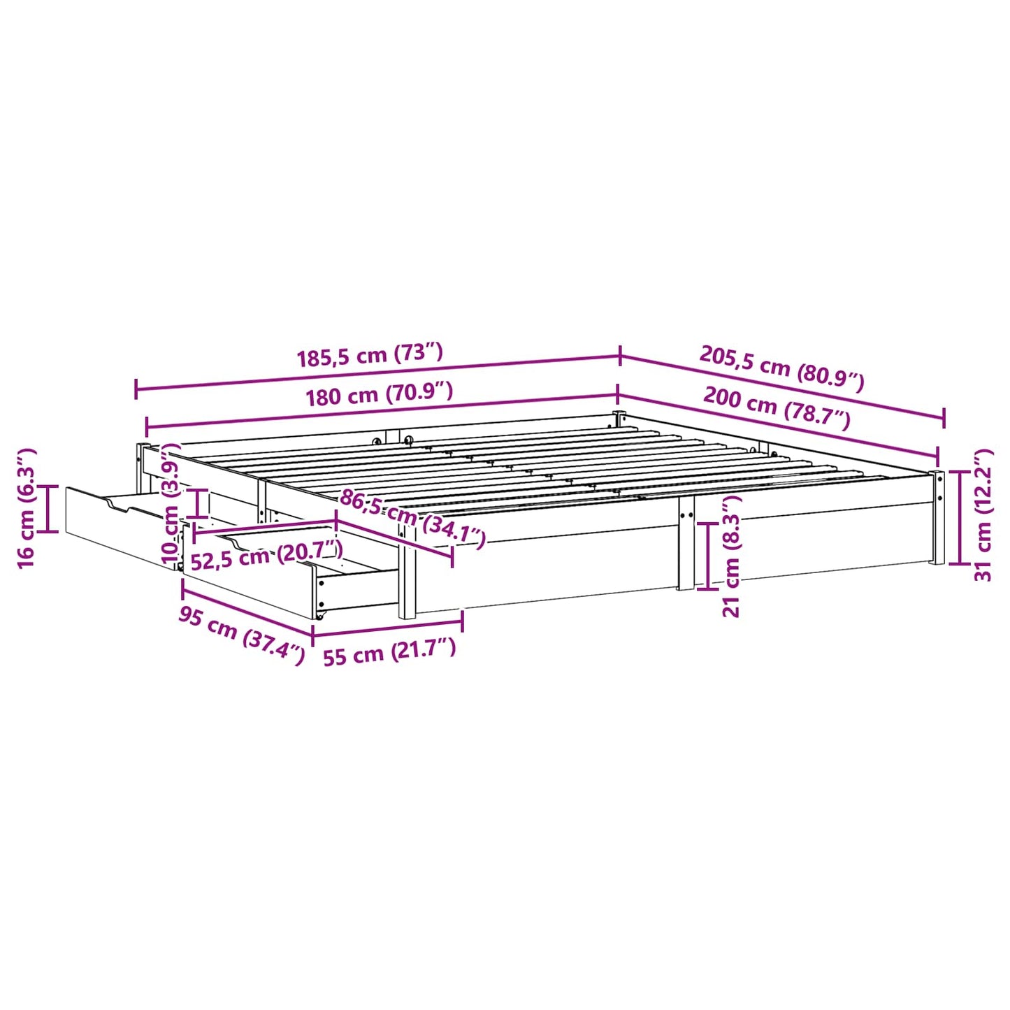 vidaXL Σκελετός Κρεβατιού Κερωτό καφέ 180 x 200 cm Στερεό ξύλο πεύκου