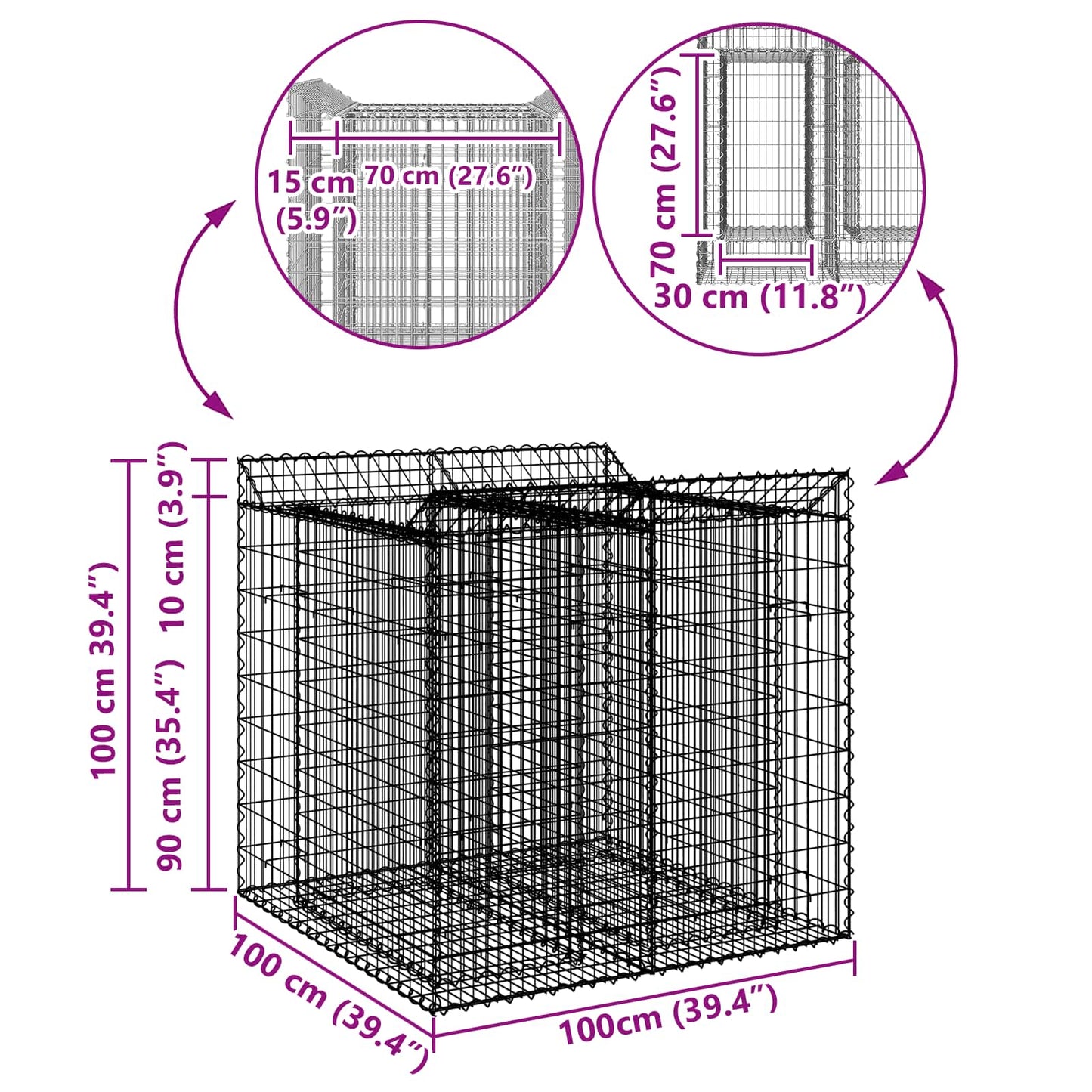 vidaXL Ανασηκωμένο κρεβάτι gabion 2 τμχ. 100 x 100 x 100 cm Ασημί