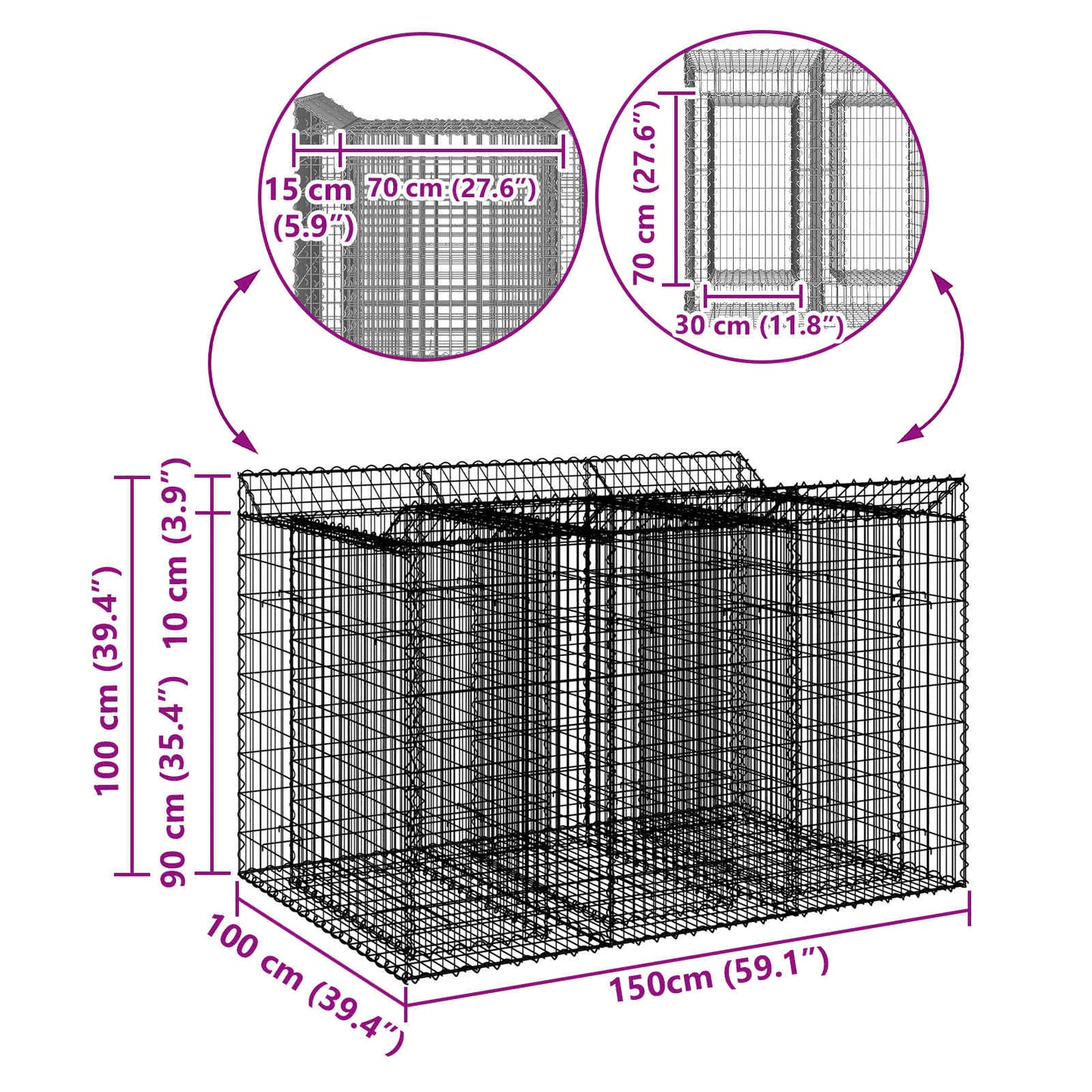 vidaXL Ανασηκωμένο κρεβάτι gabion 2 τμχ. 150 x 100 x 100 cm Ασημί