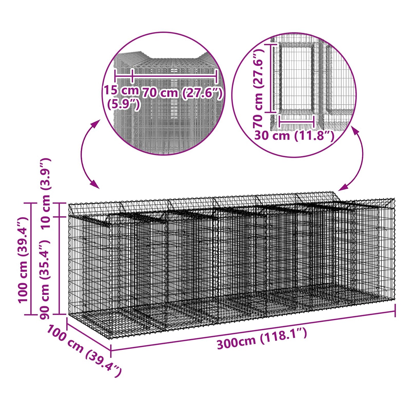 vidaXL Ανασηκωμένο κρεβάτι gabion 3 τμχ. 300 x 100 x 100 cm Ασημί