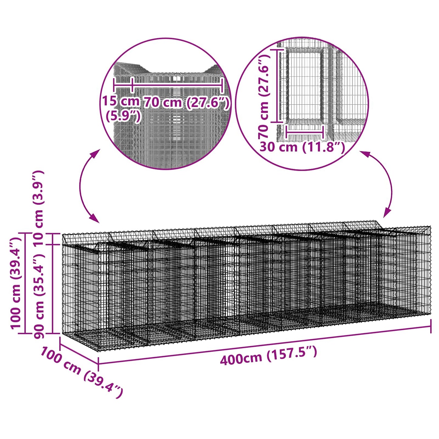 vidaXL Ανασηκωμένο κρεβάτι gabion 4 τμχ. 400 x 100 x 100 cm Ασημί
