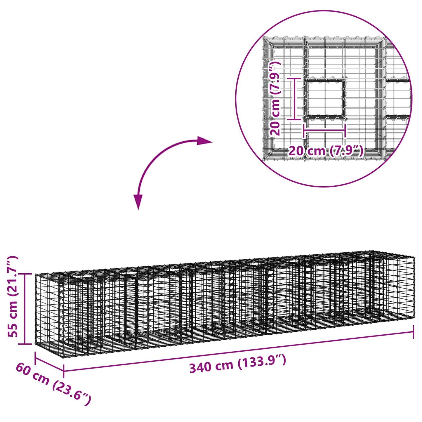 vidaXL Ανασηκωμένο κρεβάτι gabion 2 τμχ. 340 x 60 x 55 εκ Ασημί