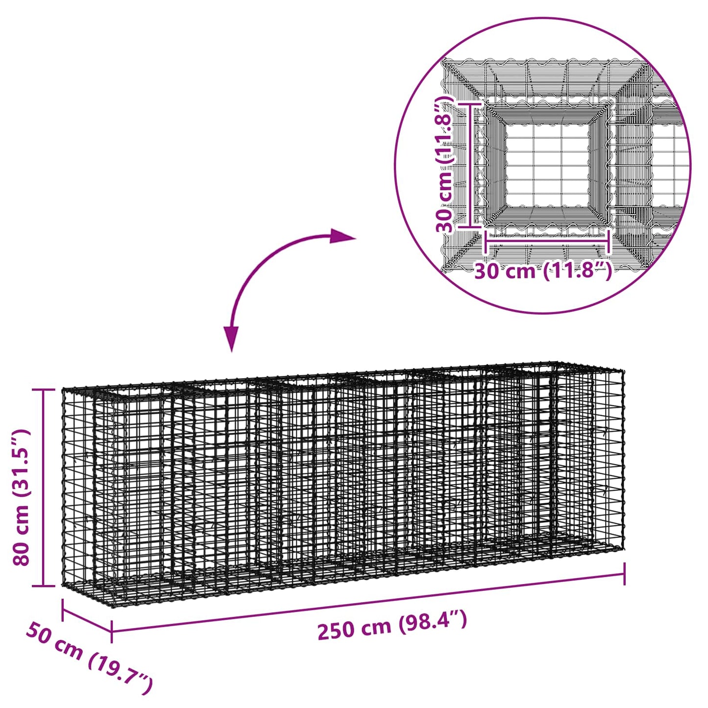 vidaXL Ανασηκωμένο κρεβάτι gabion 2 τμχ. 250 x 50 x 80 εκ Ασημί