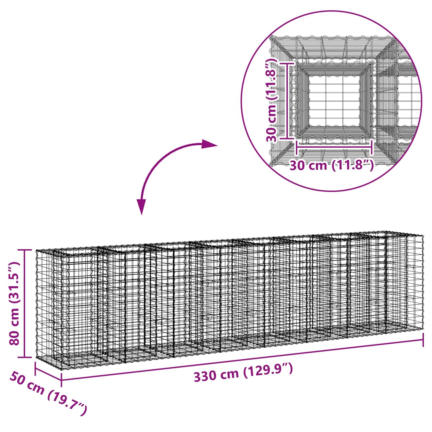 vidaXL Ανασηκωμένο κρεβάτι gabion 2 τμχ. 330 x 50 x 80 εκ Ασημί