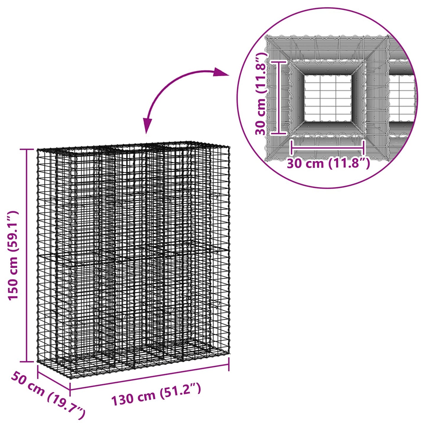 vidaXL Ανασηκωμένο κρεβάτι gabion 2 τμχ. 130 x 50 x 150 εκ Ασημί