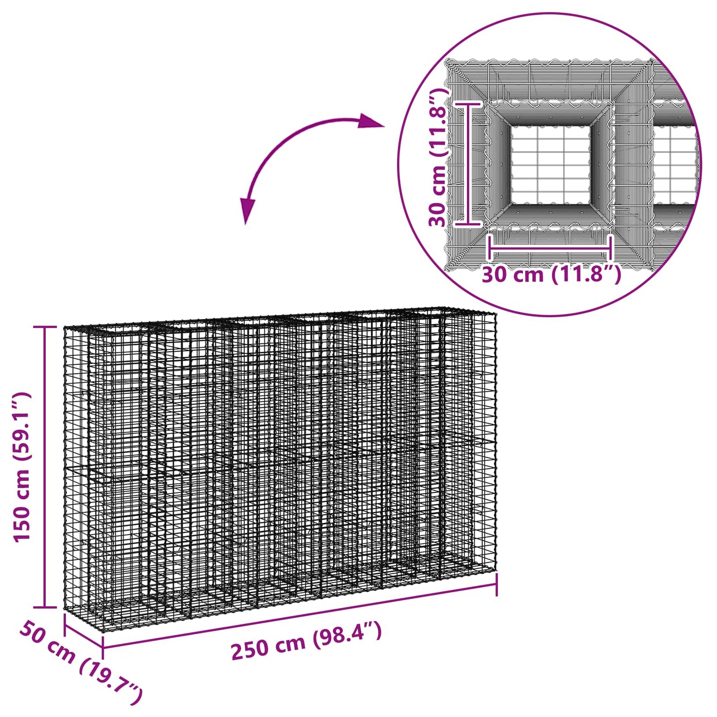 vidaXL Ανασηκωμένο κρεβάτι gabion 3 τμχ. 250 x 50 x 150 εκ Ασημί