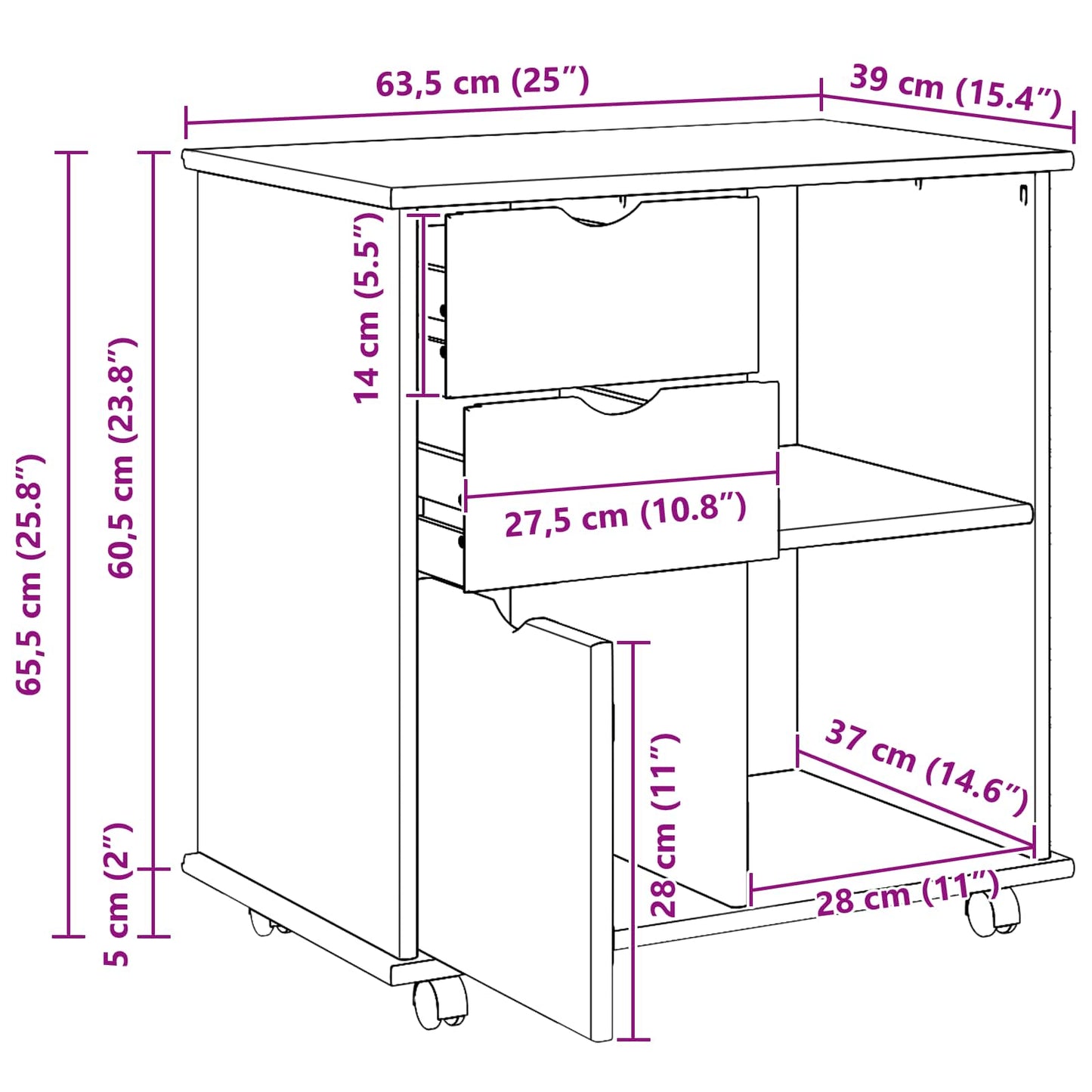 vidaXL Κινητό Ντουλάπι 63,5 x 39 x 65,5 εκ. Στερεό ξύλο πεύκου Καφέ