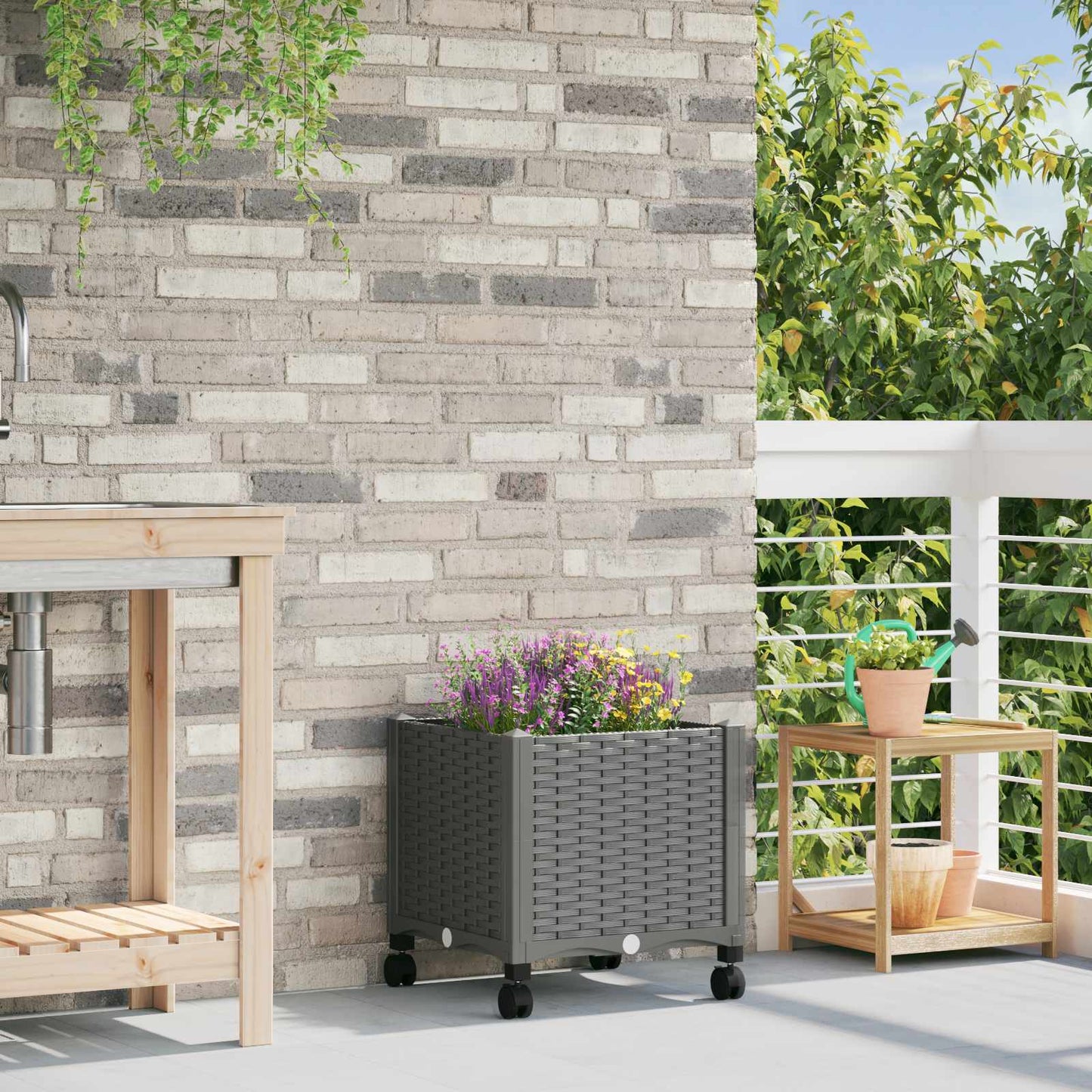 vidaXL Κήπος Γλαστράκι με Ροδάκια Ανοιχτό γκρι 40 x 40 x 48 cm PP