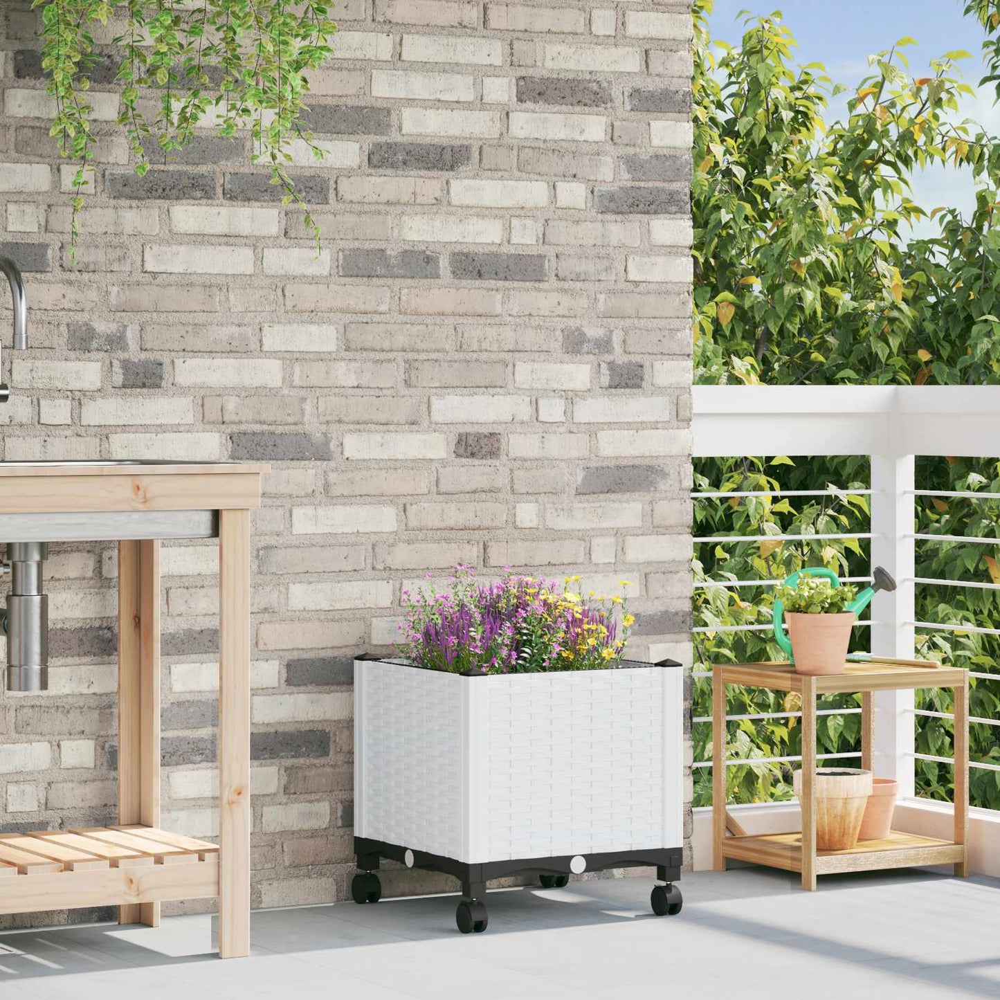 vidaXL Κήπος Γλαστράκι με Ροδάκια Λευκό 40 x 40 x 48 cm PP