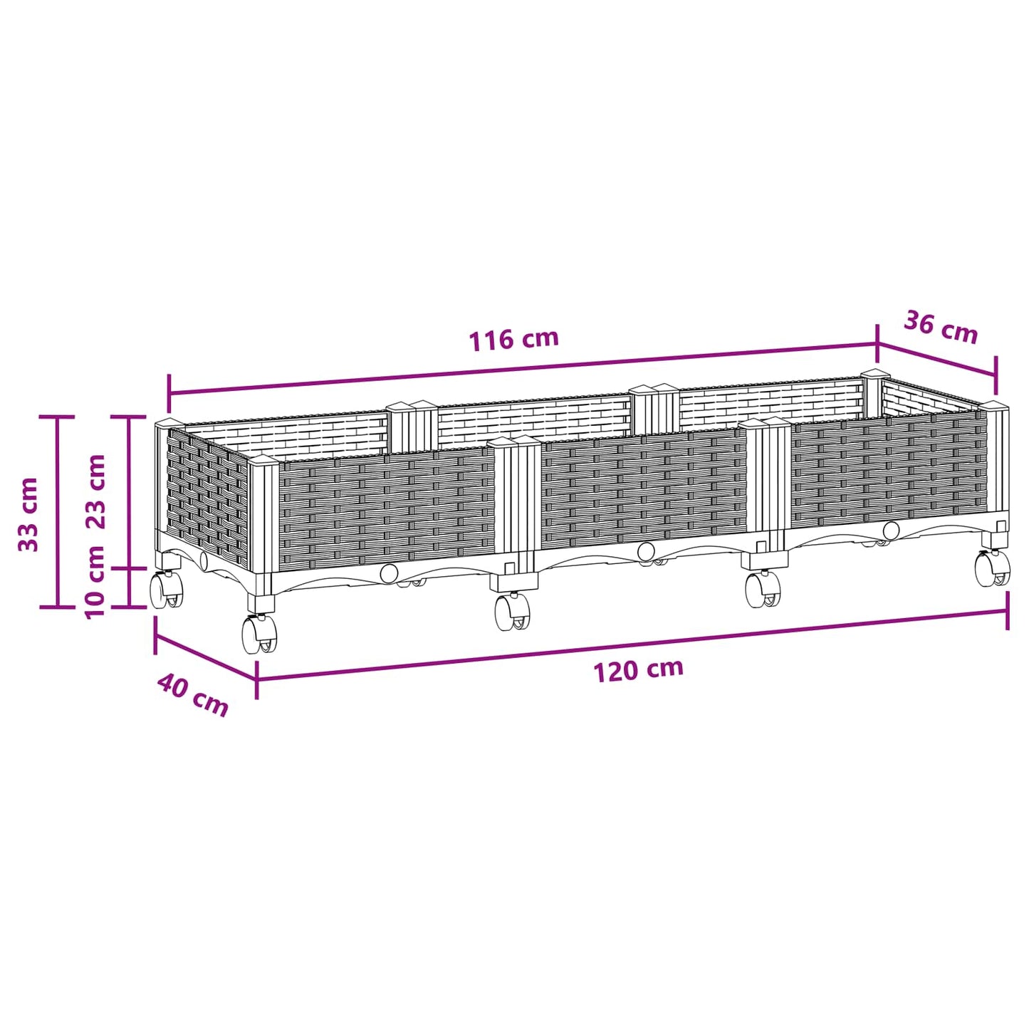 vidaXL Κήπος Γλαστράκι με Ροδάκια Μαύρο 120 x 40 x 29 εκ PP