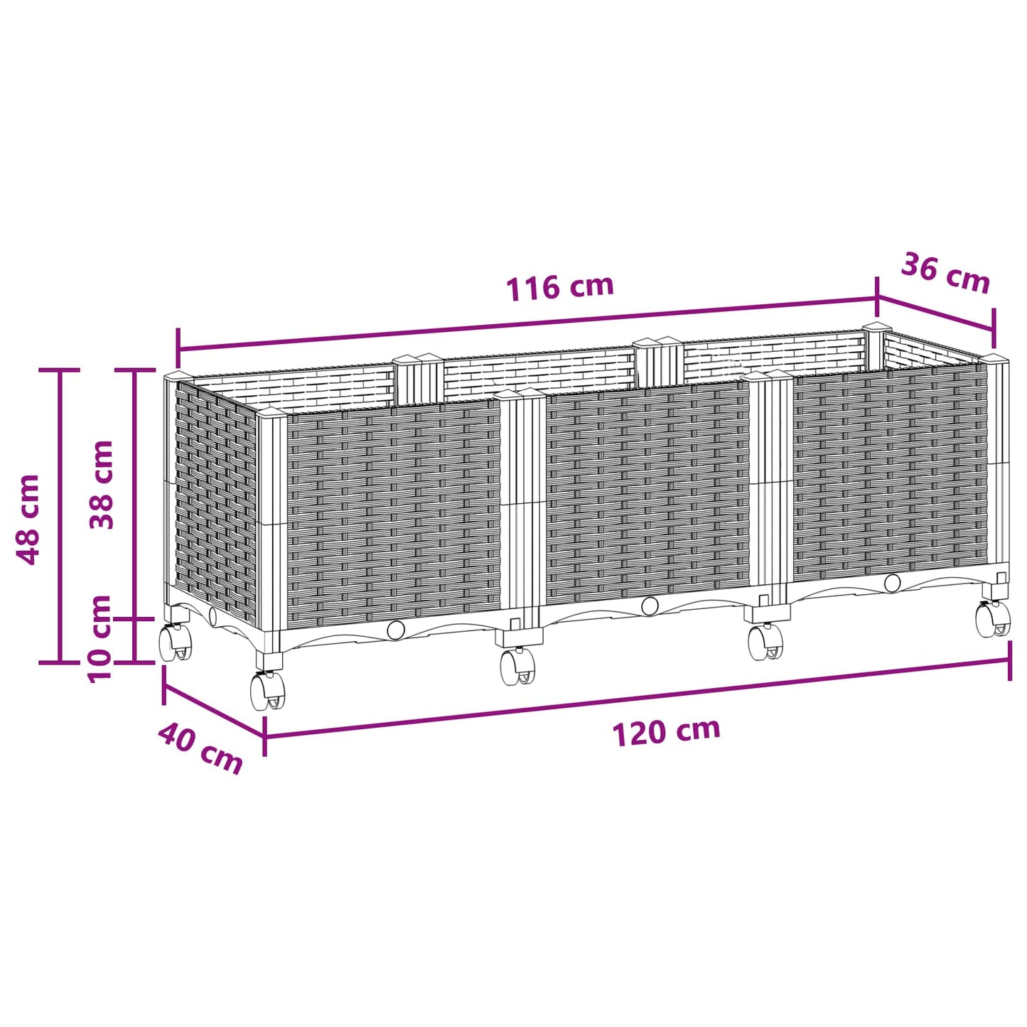 vidaXL Κήπος Γλαστράκι με Ροδάκια Καφέ 120 x 40 x 44 εκ PP