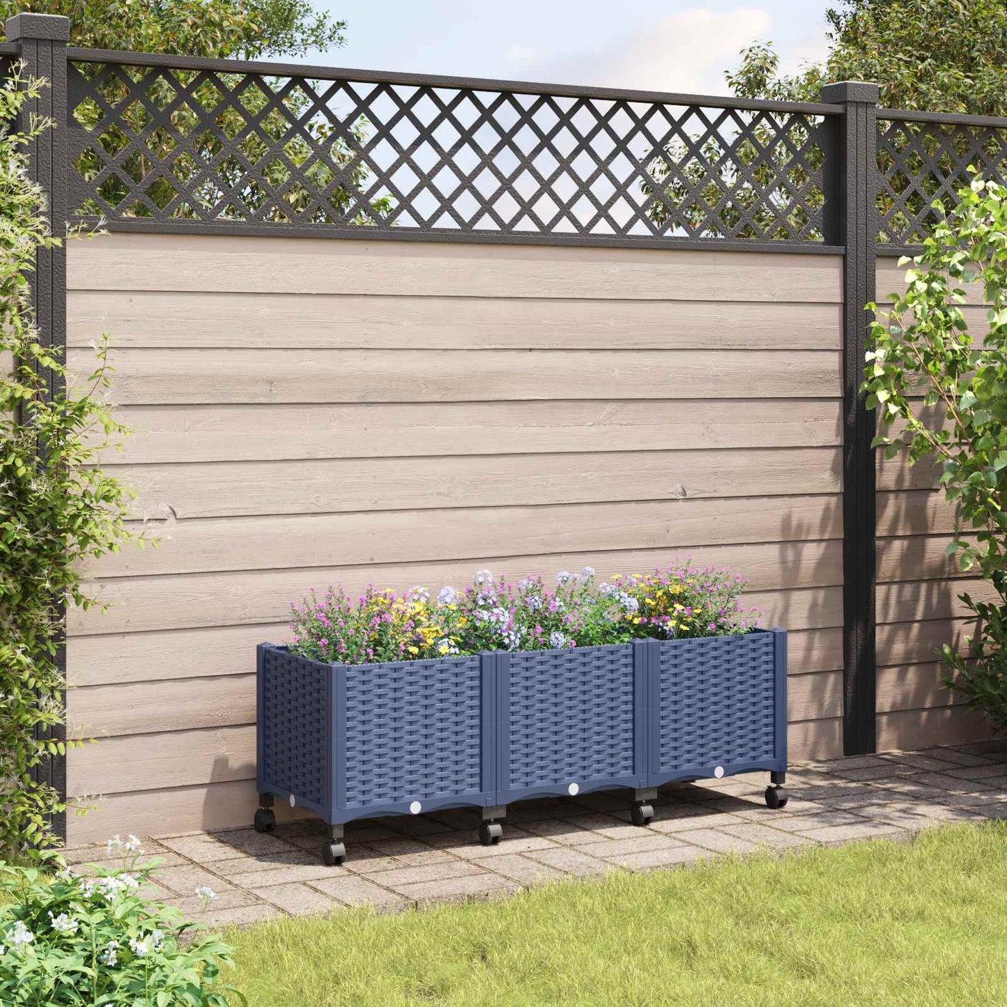vidaXL Κήπος Γλαστράκι με Ροδάκια Μπλε Γκρι 120 x 40 x 48 cm PP