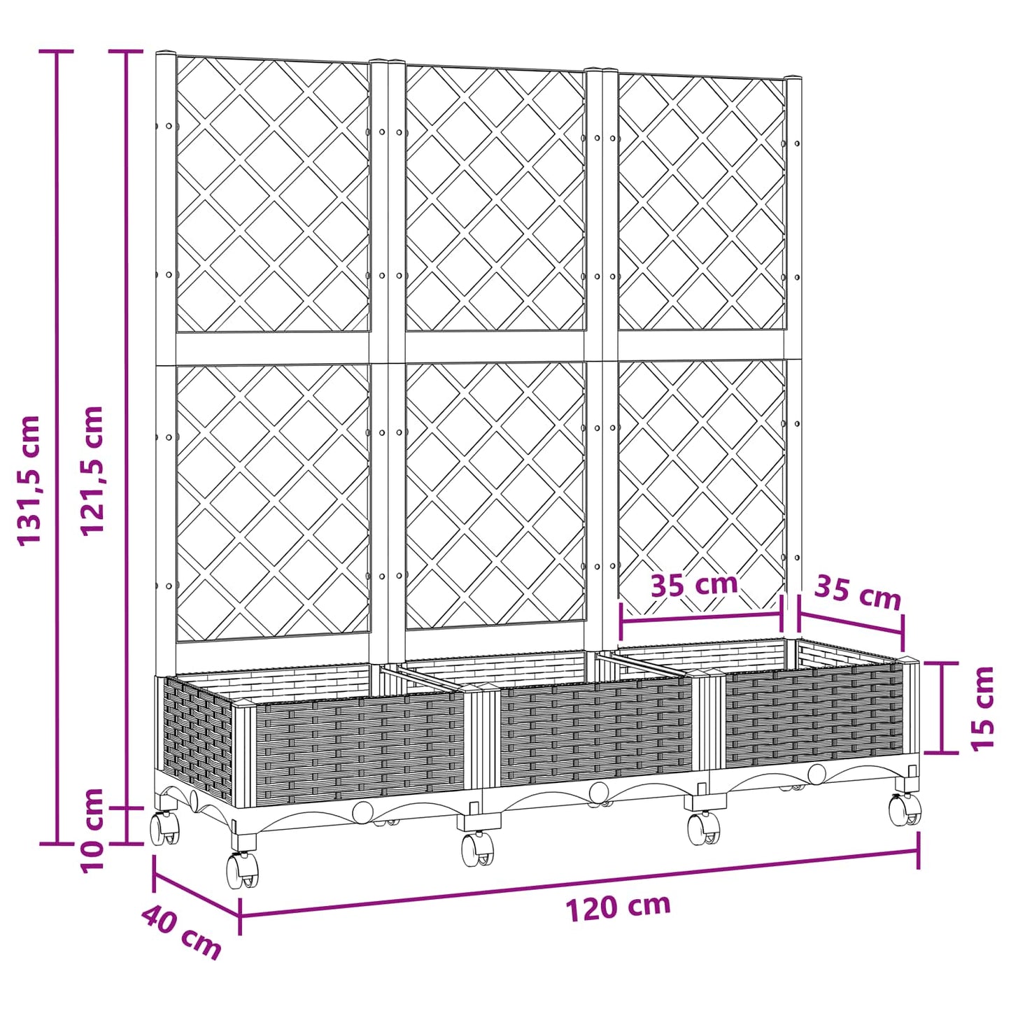 vidaXL Γλάστρα κήπου με πέργκολα & τροχούς Μαύρο 120 x 40 x 131,5 εκ.