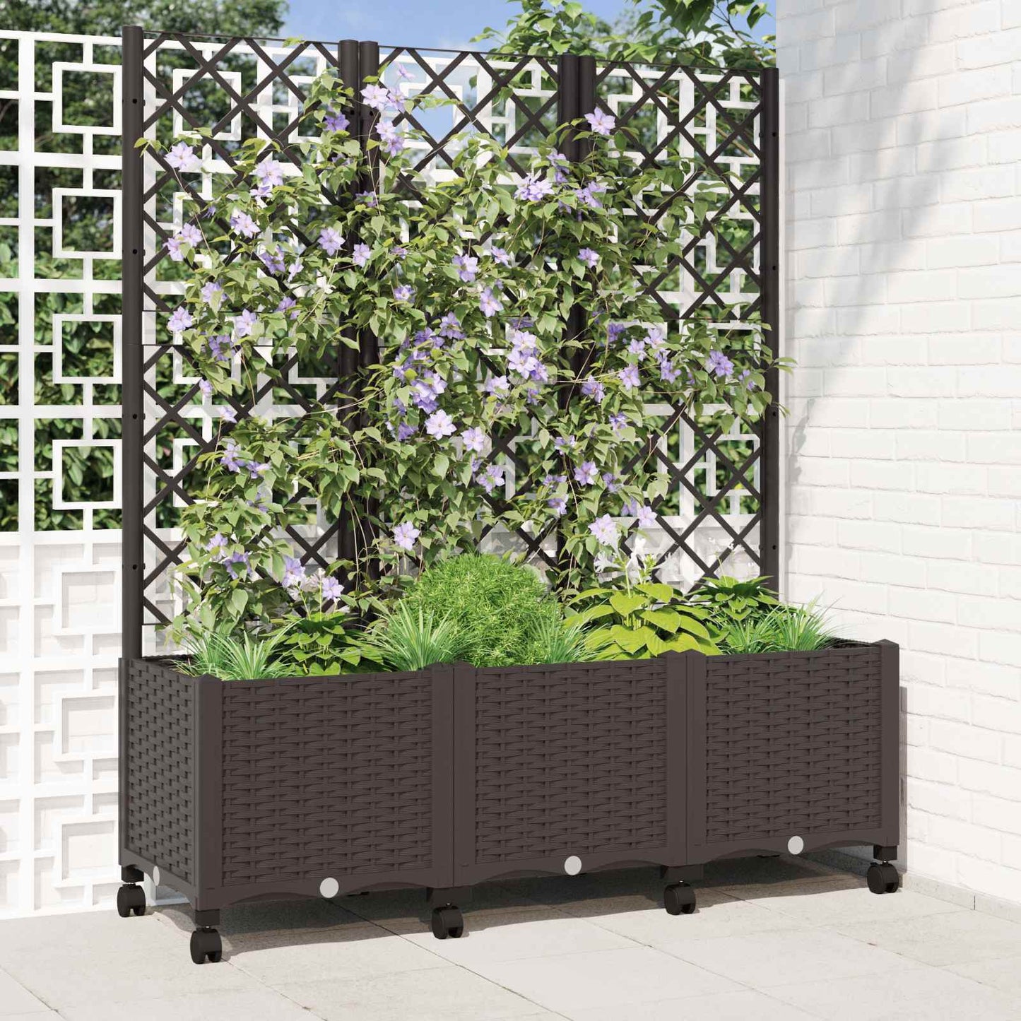 vidaXL Γλάστρα κήπου με πέργκολα & τροχούς Καφέ 120 x 40 x 146 εκ PP