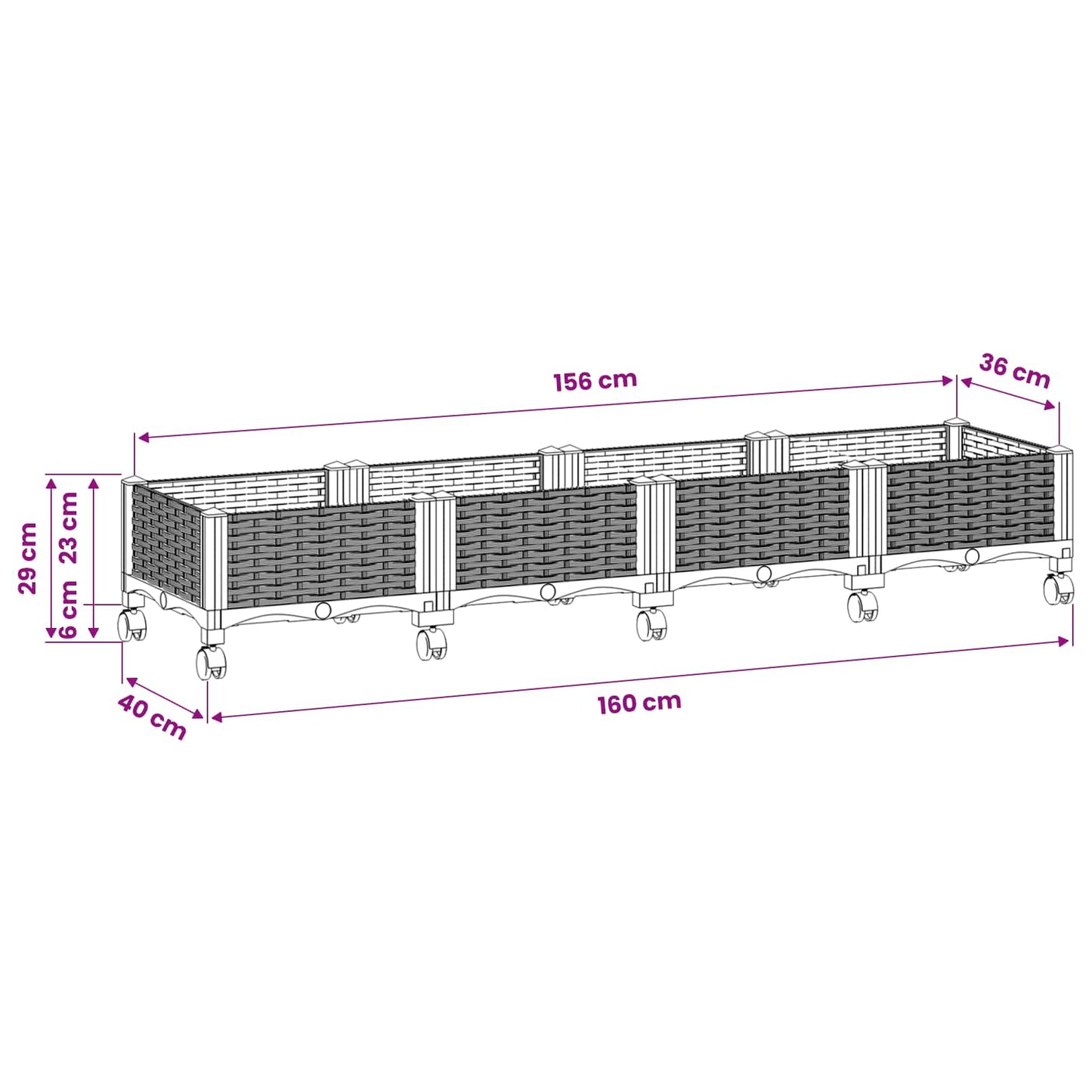 vidaXL Κήπος Γλαστράκι με Ροδάκια Μαύρο 160 x 40 x 29 εκ PP