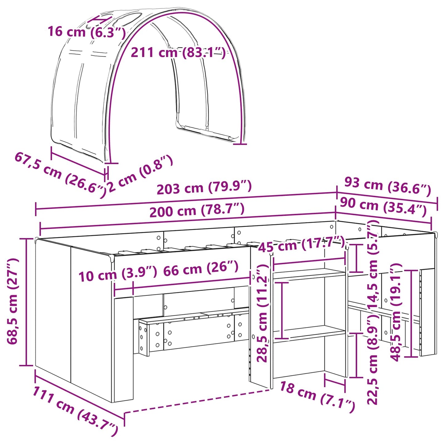 vidaXL Κρεβάτι Υψηλό για Παιδιά με Τούνελ 3 τμχ. Sonoma Δρυς και Μαύρο