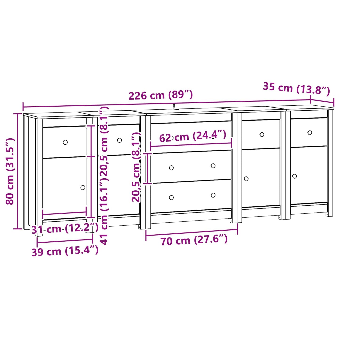 vidaXL Πλαϊνό γραφείο 5 τμχ. Κερωμένο Καφέ 226 x 35 x 80 εκ