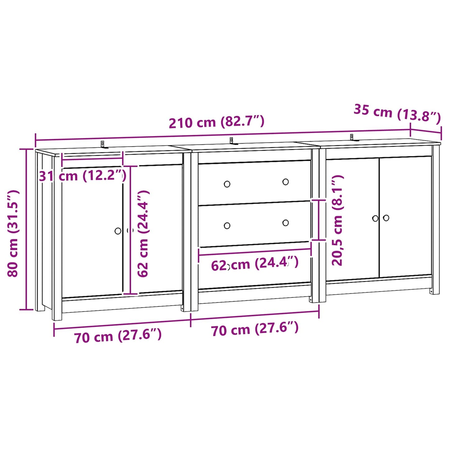 vidaXL Πλαϊνό γραφείο 3 τμχ. Κερωμένο Καφέ 210 x 35 x 80 εκ