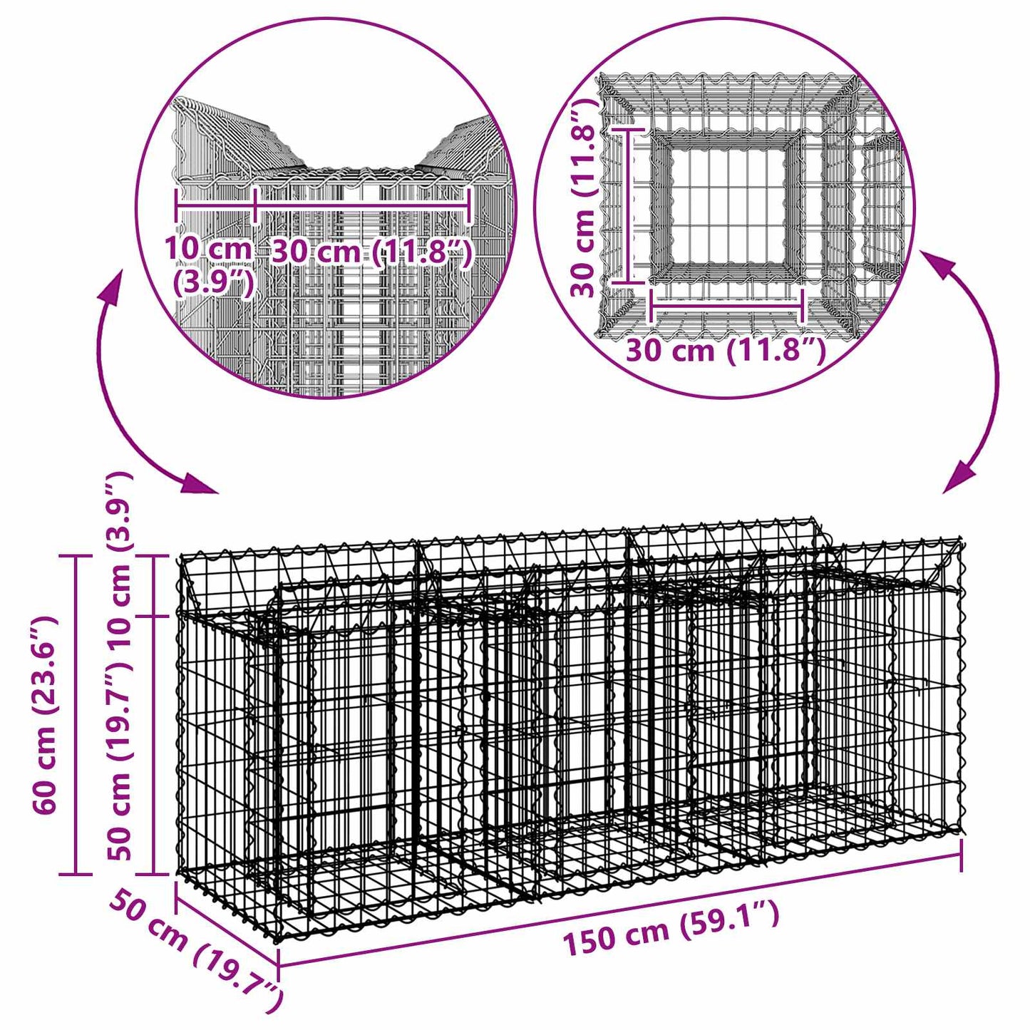vidaXL Ανασηκωμένο κρεβάτι gabion Ασημί 150 x 50 x 60 εκ