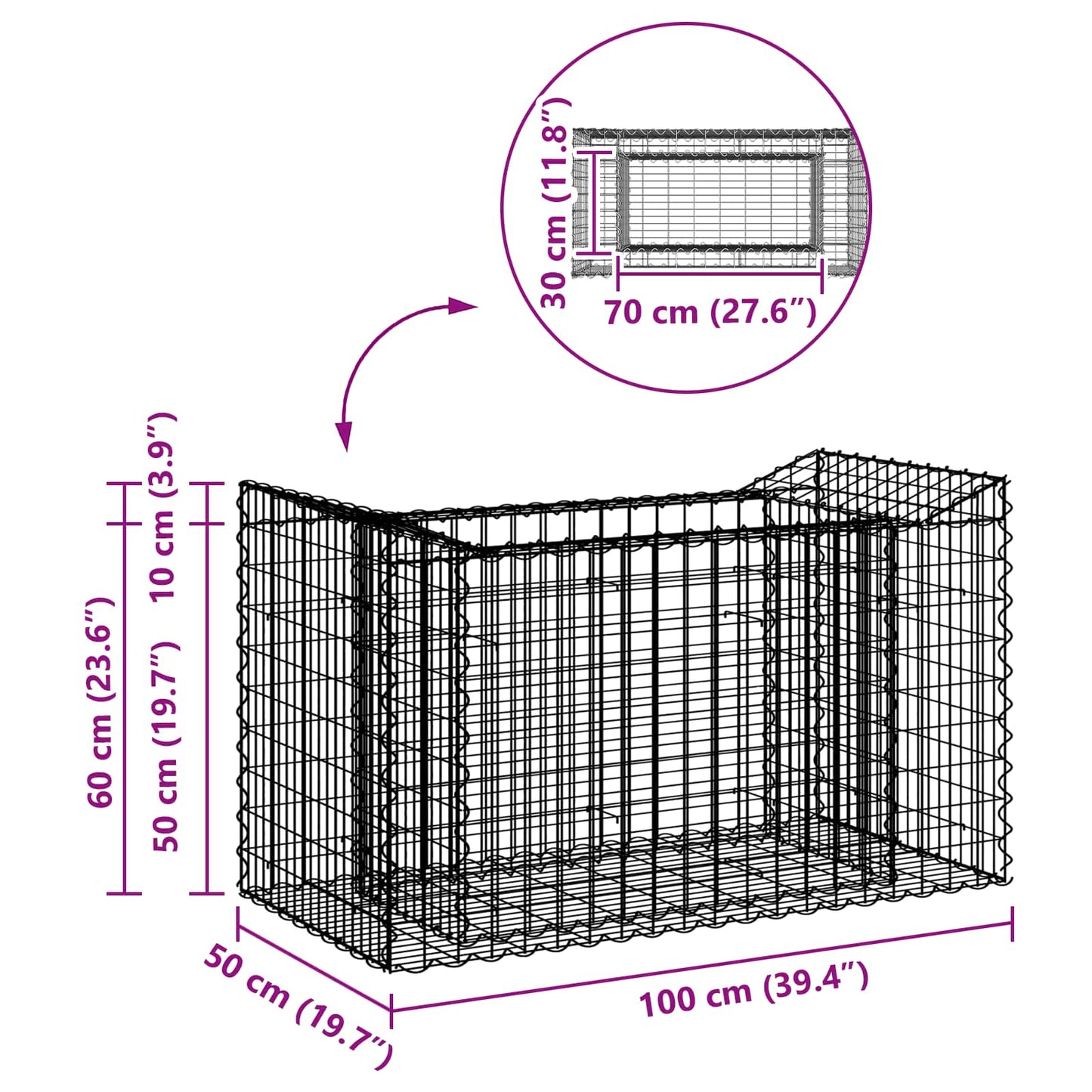 vidaXL Ανασηκωμένο κρεβάτι gabion Ασημί 50 x 100 x 60 εκ