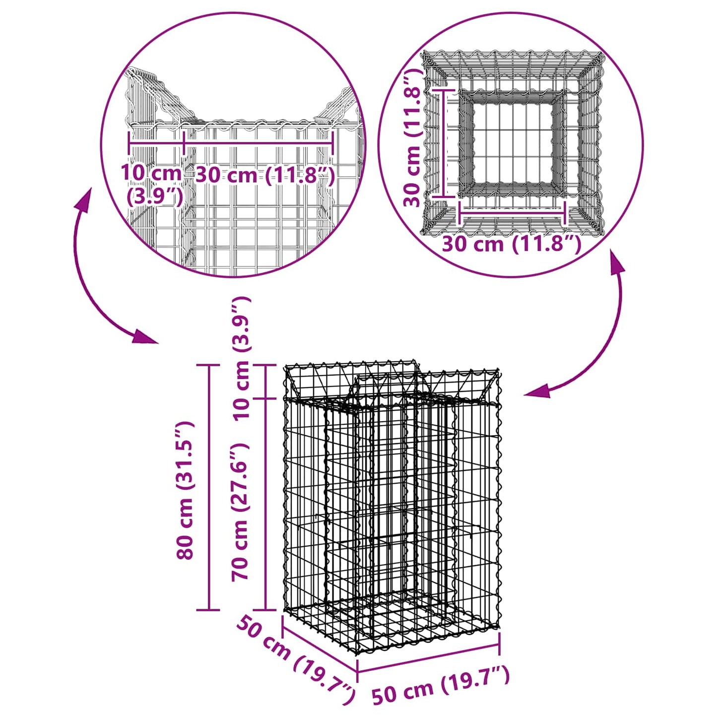 vidaXL Ανασηκωμένο κρεβάτι gabion Ασημί 50 x 50 x 80 cm