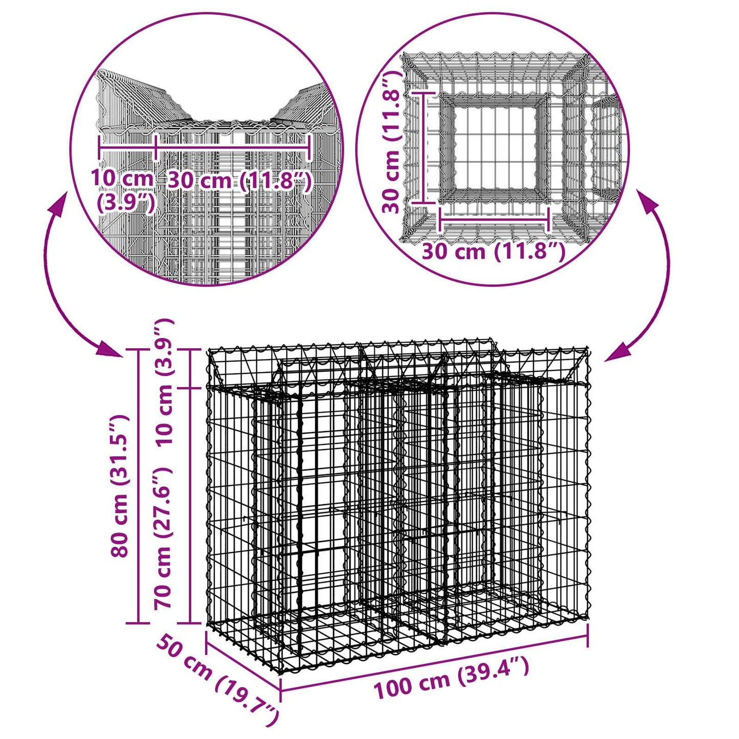 vidaXL Ανασηκωμένο κρεβάτι gabion Ασημί 100 x 50 x 80 εκ