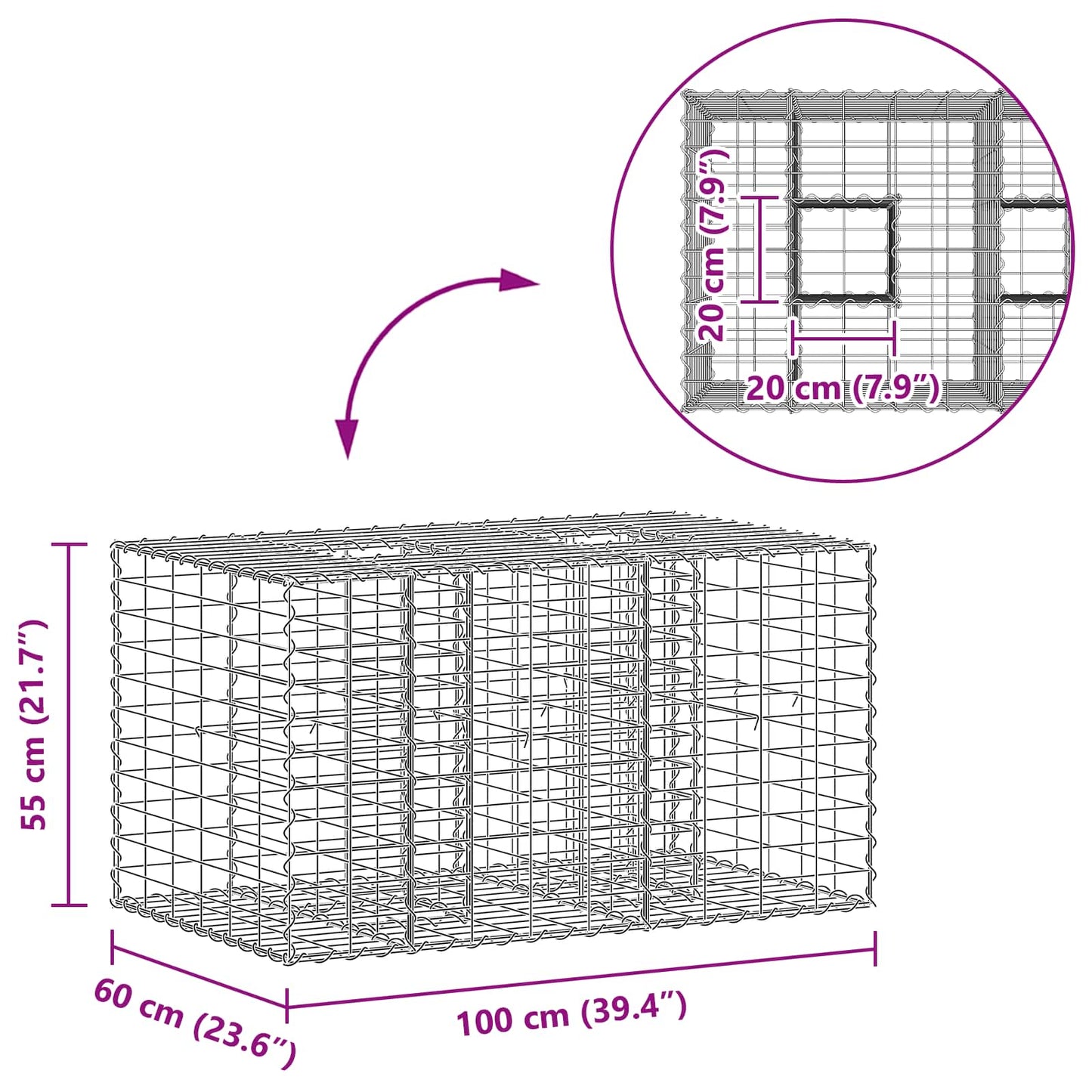 vidaXL Ανασηκωμένο κρεβάτι gabion Ασημί 100 x 60 x 55 εκ