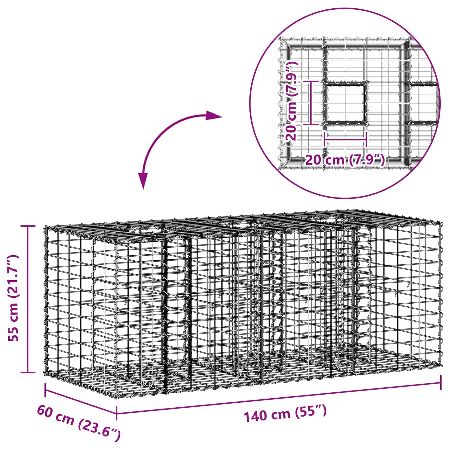 vidaXL Ανασηκωμένο κρεβάτι gabion Ασημί 140 x 60 x 55 εκ