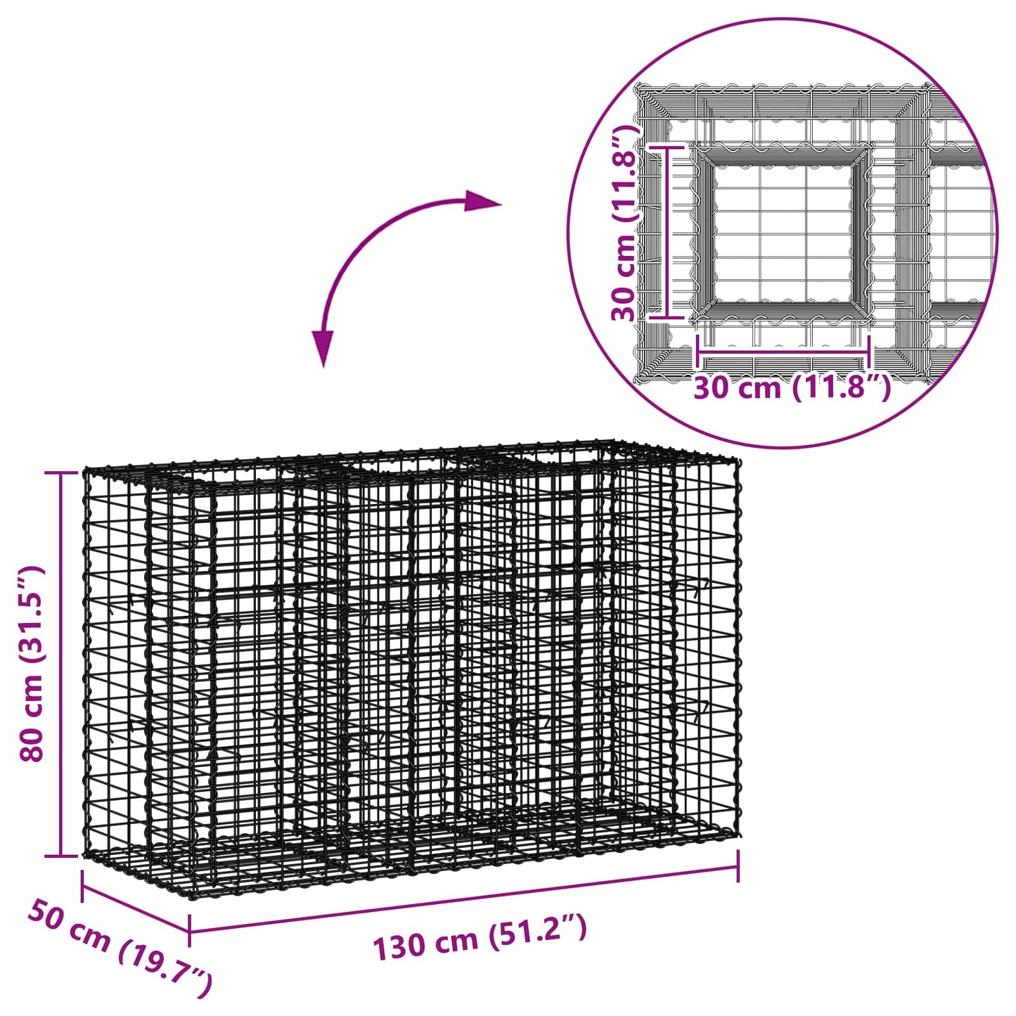 vidaXL Ανασηκωμένο κρεβάτι gabion Ασημί 130 x 50 x 80 cm