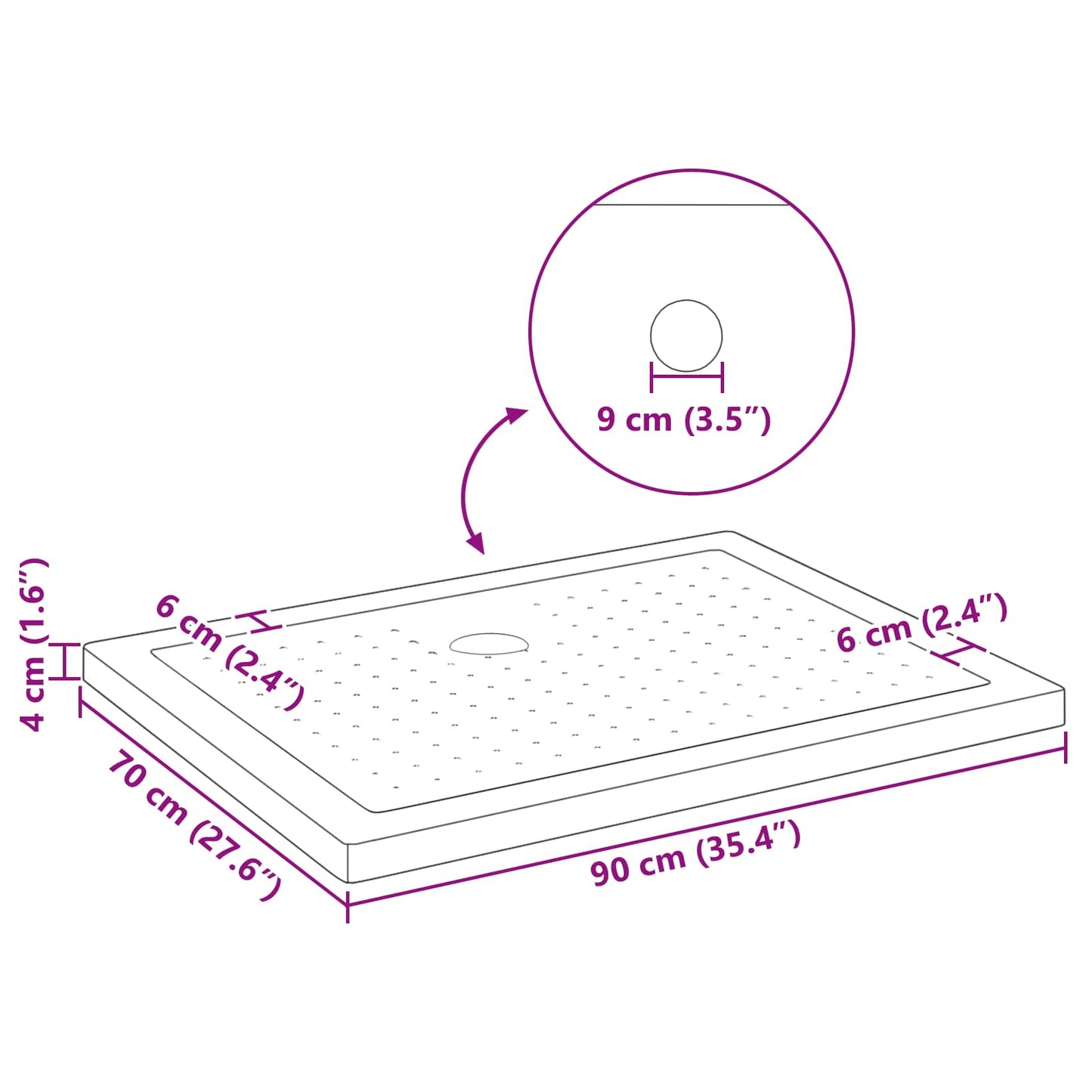 vidaXL Δίσκος Βάσης Ντους με Τρύπες 90 x 70 x 4 cm ABS Μαύρο