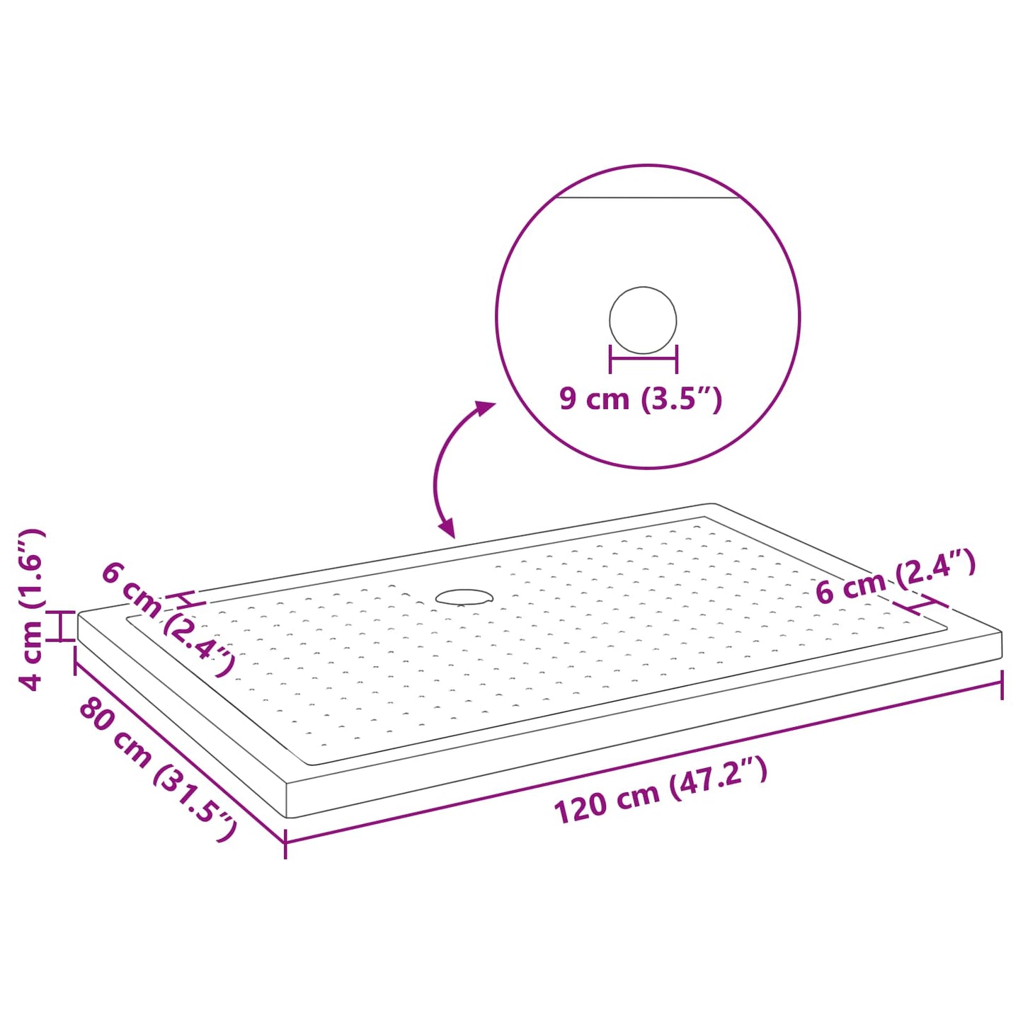 vidaXL Δίσκος Βάσης Ντους με Τρύπες Μαύρο 120 x 80 x 4 εκ. ABS
