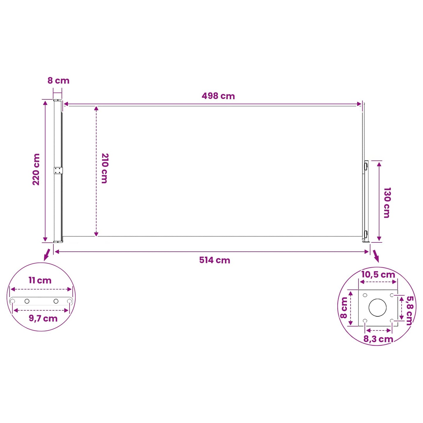 vidaXL Ανακλινόμενος Πλευρικός Απλώστρα 220 x 500 cm