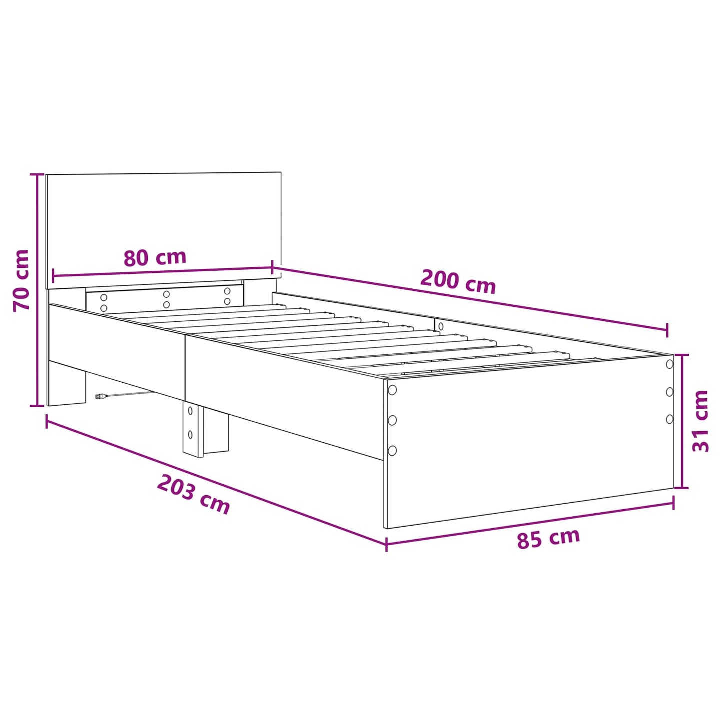 vidaXL Κρεβάτι με φωτισμό LED Sonoma Δρυς 80 x 200 cm