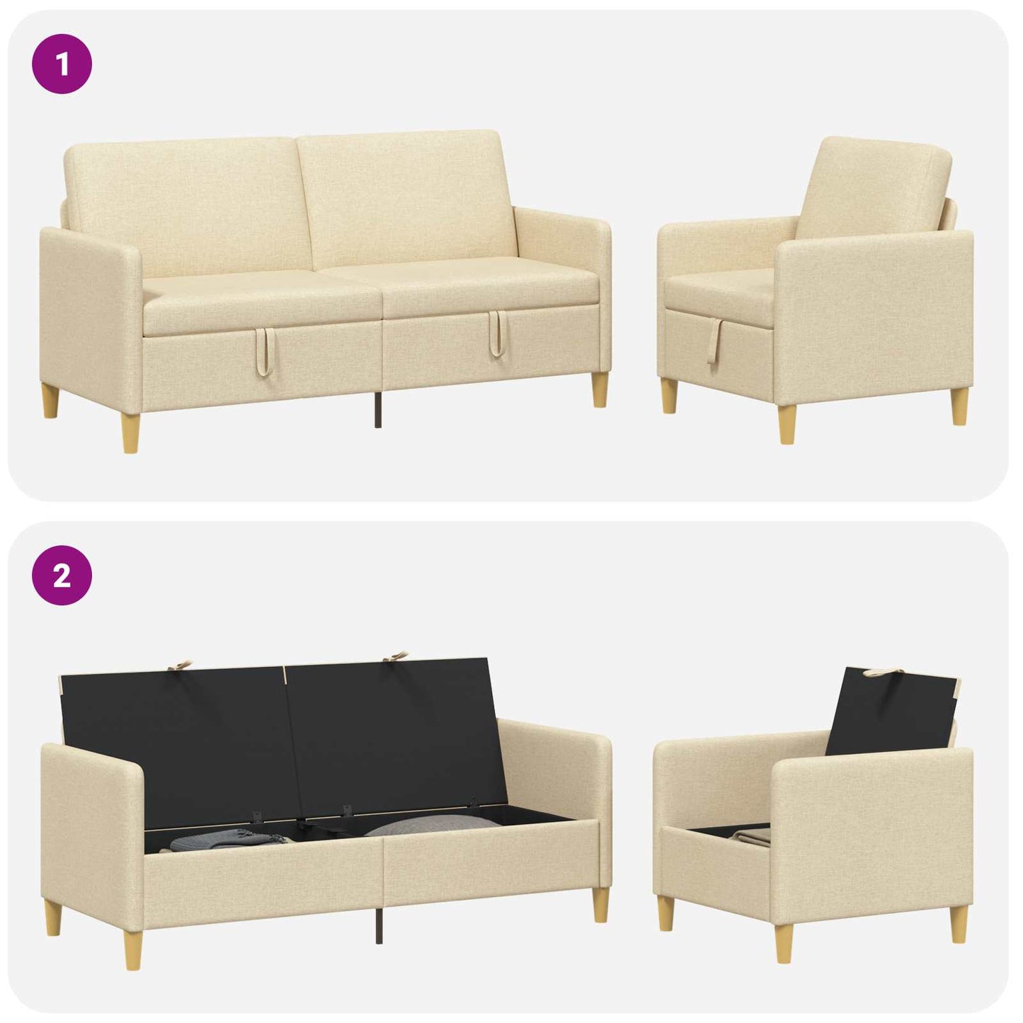 vidaXL Σαλονάκι Σετ Με Αποθηκευτικό Χώρο 2 pcs Κρεμ Πολυεστέρας