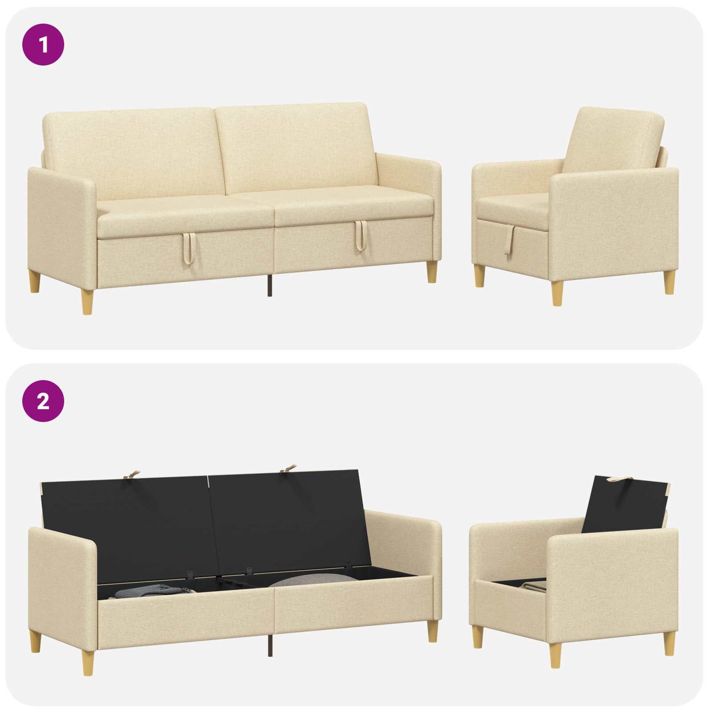 vidaXL Σαλονάκι Σετ Με Αποθηκευτικό Χώρο 2 pcs Κρεμ Πολυεστέρας