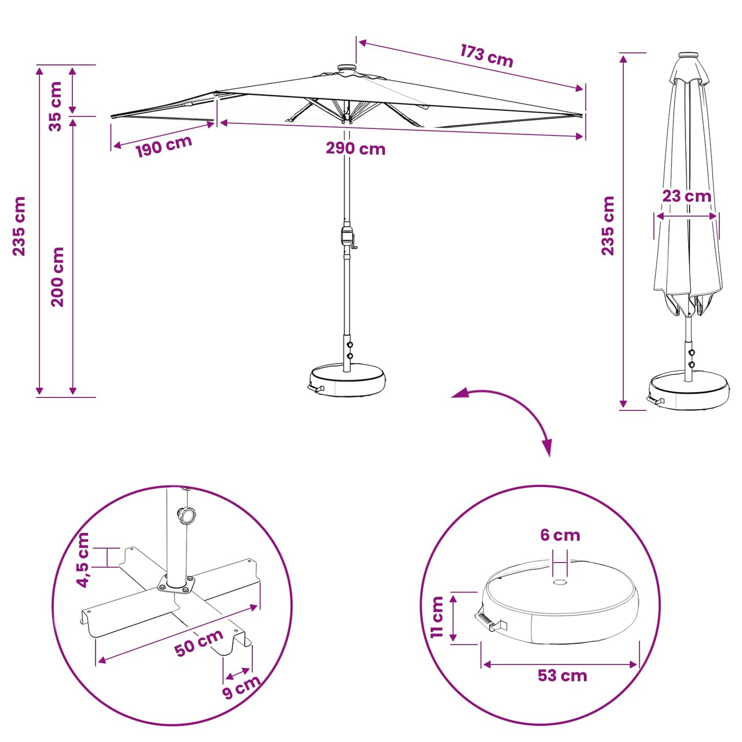 vidaXL Ομπρέλα Κήπου με LED Φώτα και Βάση 200 x 300 cm Πολυεστέρας