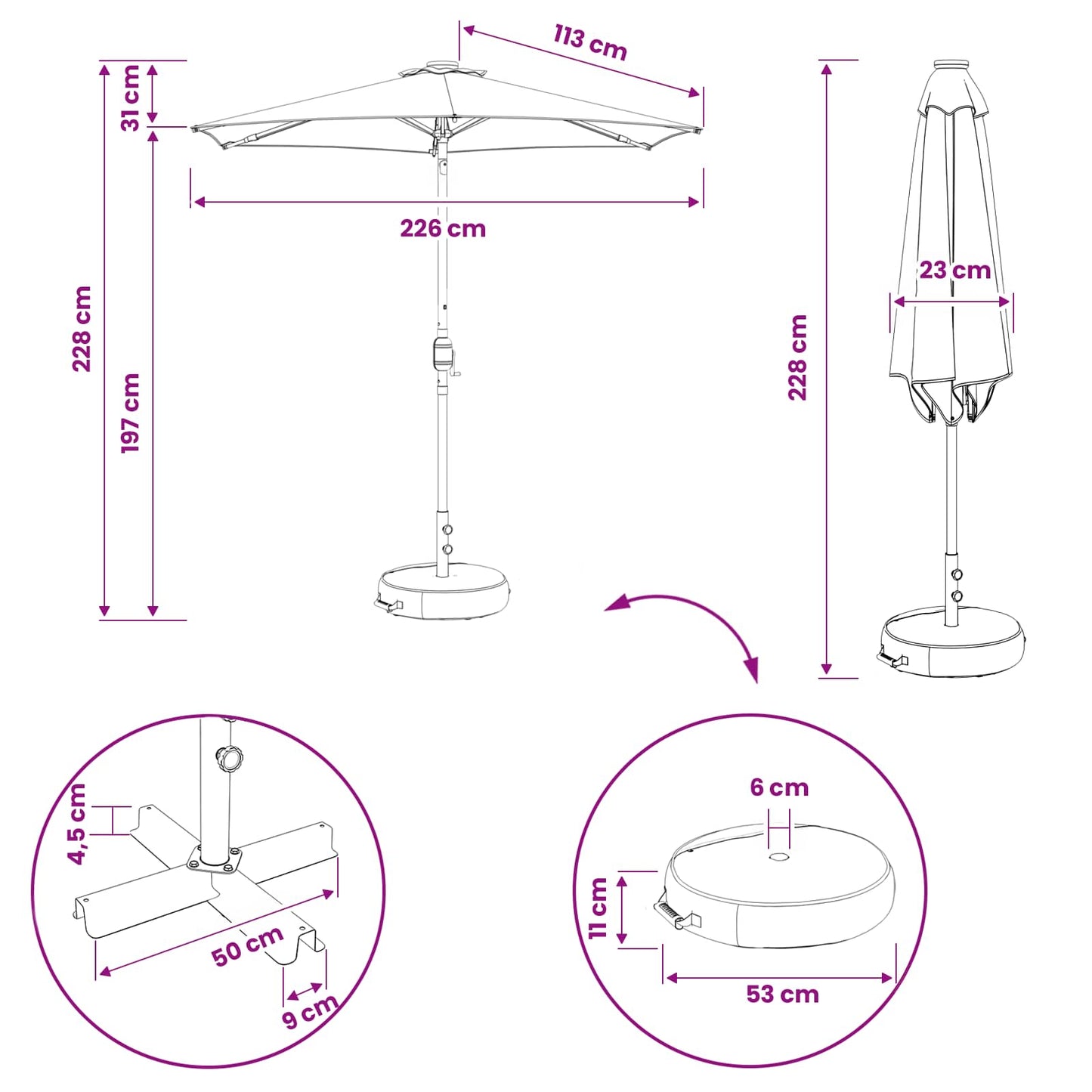 vidaXL Ομπρέλα Κήπου με LED Φώτα και Βάση 230 x 230 εκ Πολυεστέρας