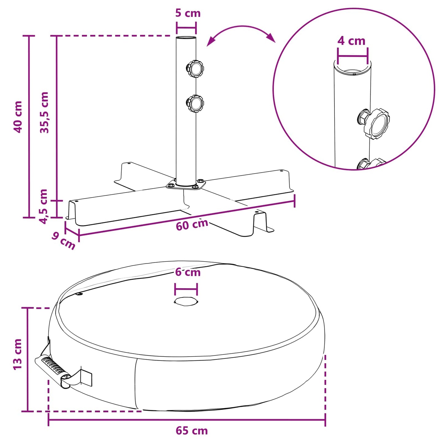 vidaXL Βάση ομπρέλας βεράντας 60 x 60 cm Ατσάλι Μαύρο