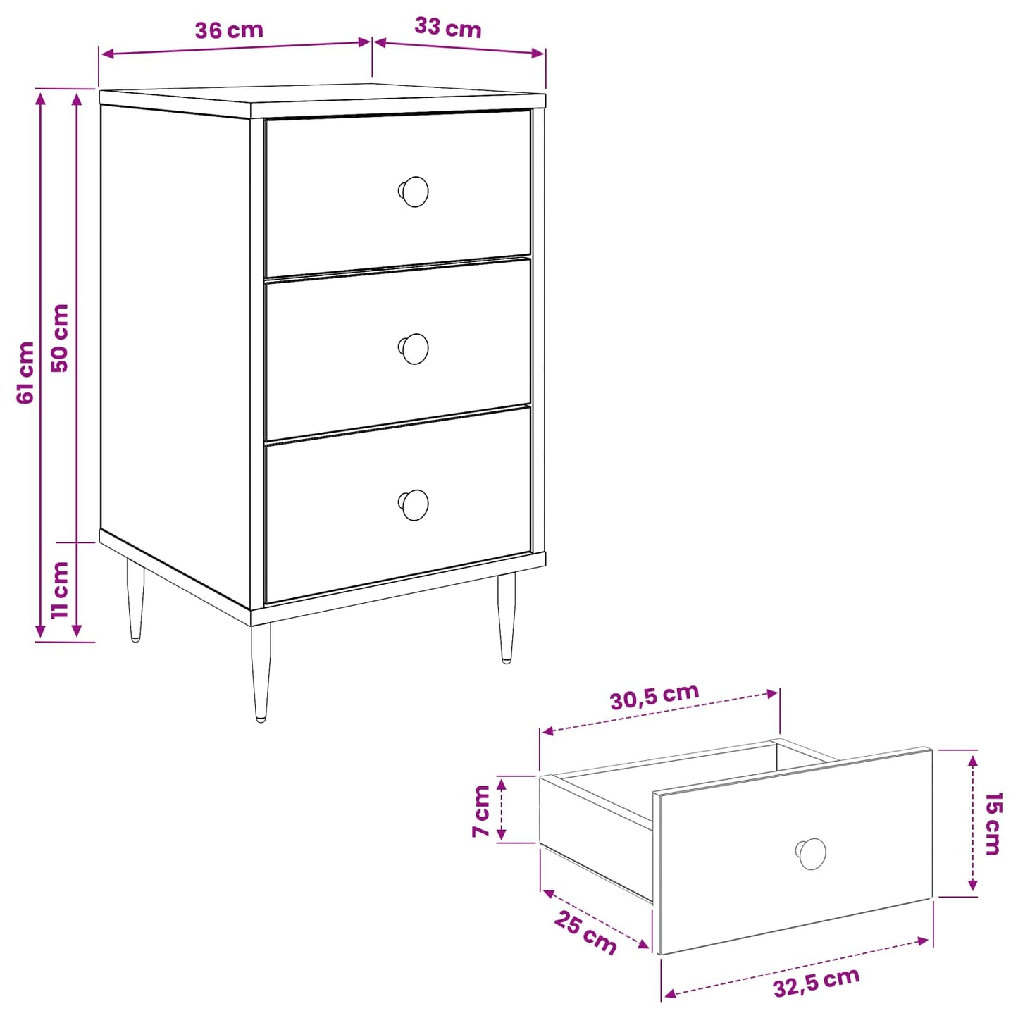 vidaXL Κομοδίνο DOKKUM Μαύρη Δρυς 36 x 33 x 61 εκ. Επεξεργασμένο Ξύλο