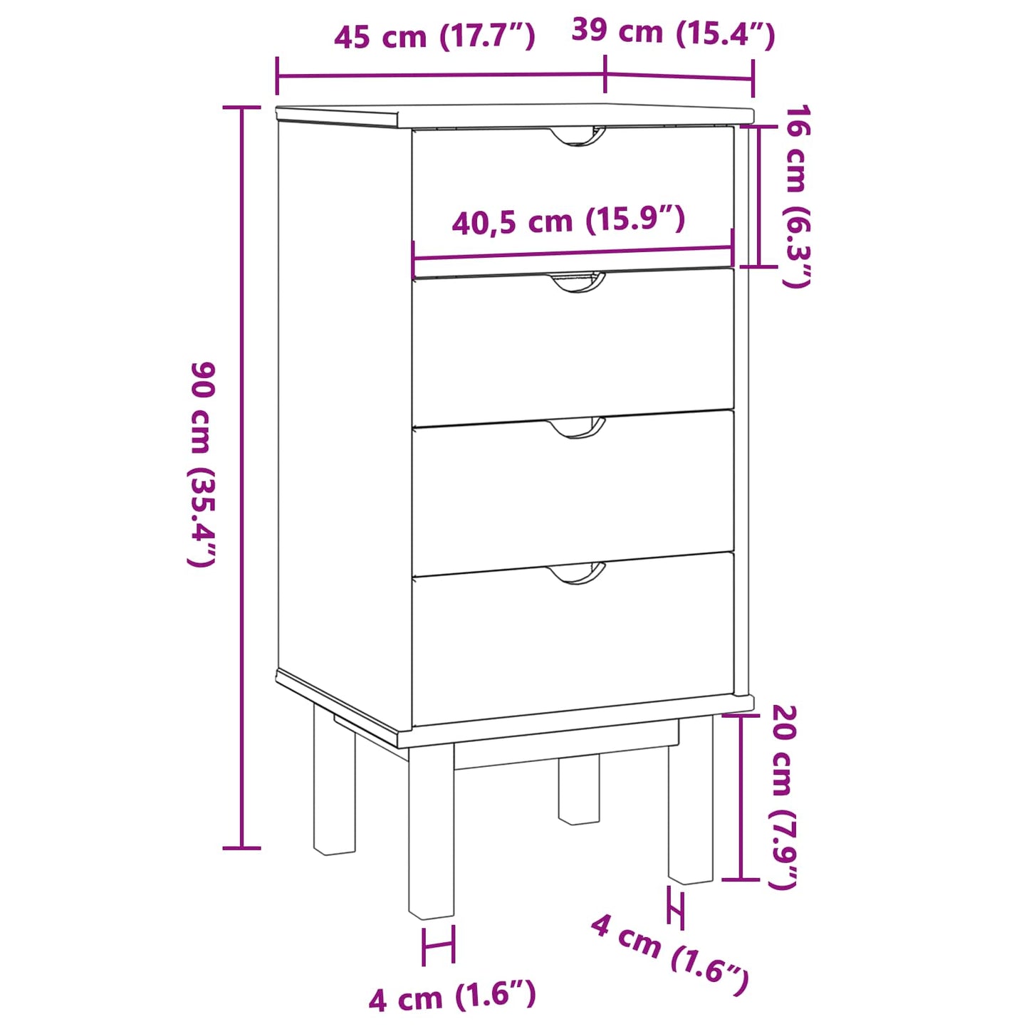 vidaXL Κουτί με συρτάρια OTTA Μαύρο 45 x 39 x 90 εκ. Μασίφ Ξύλο Πεύκου
