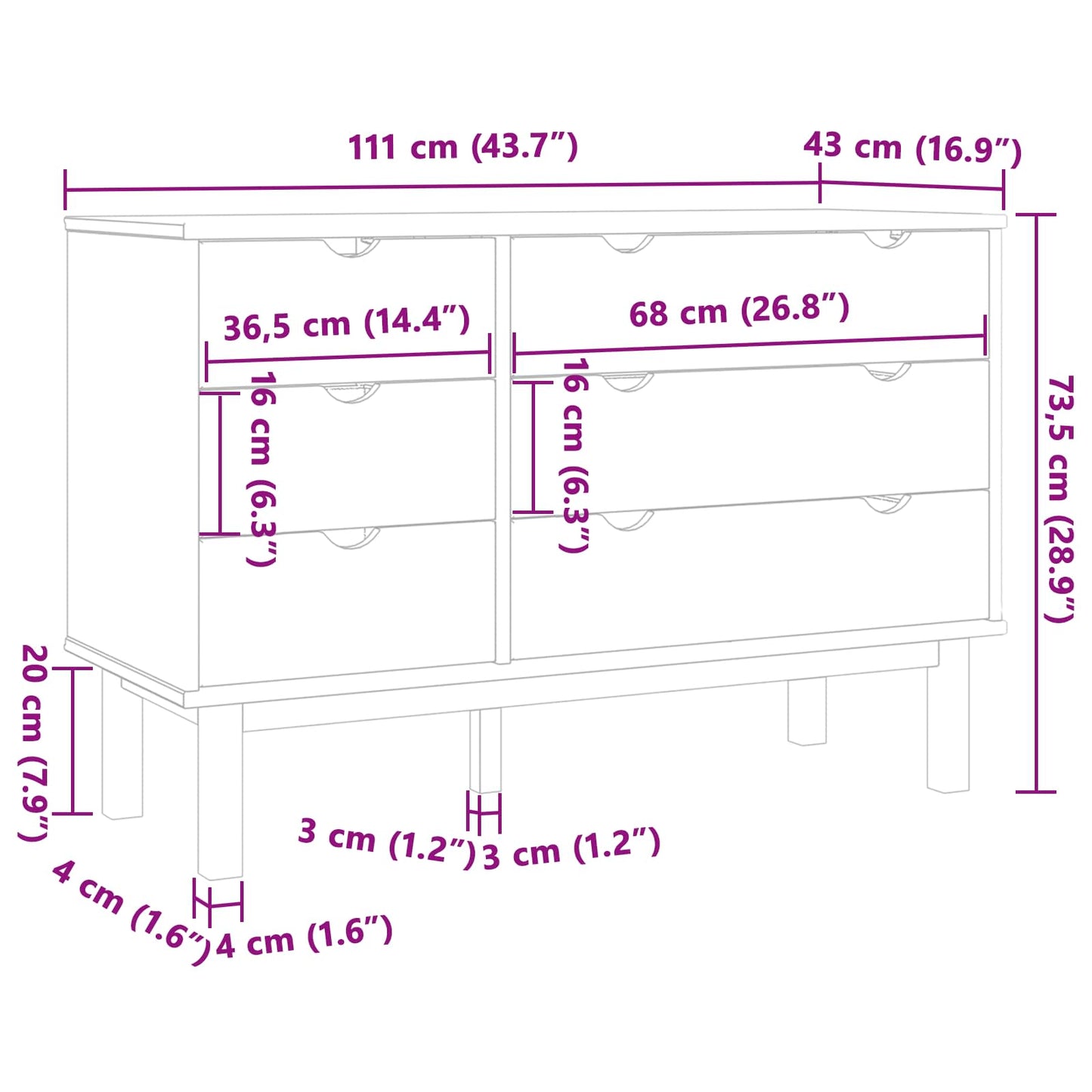 vidaXL Ντουλάπι με Συρτάρια με συρτάρι OTTA Μαύρο 111 x 43 x 73,5 εκ.