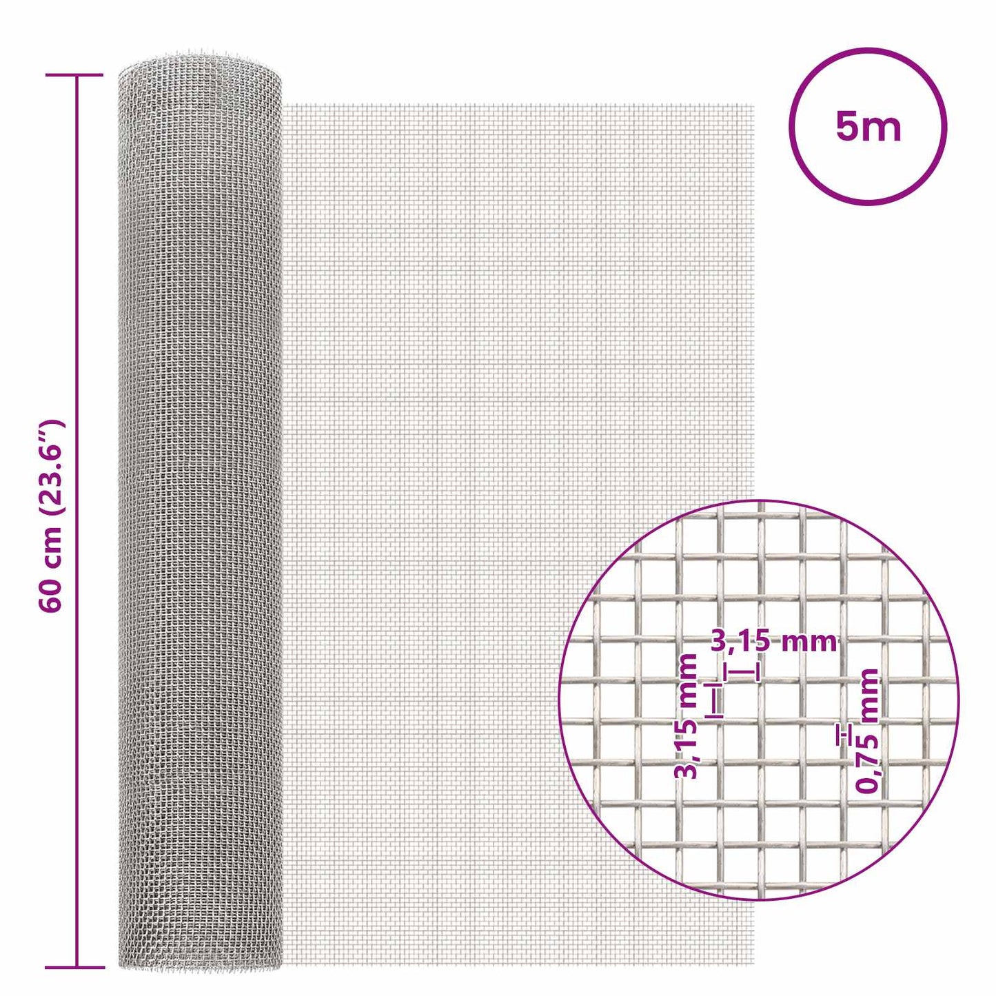 vidaXL Πλέγμα Οθόνης 60 x 500 cm 6 Mesh Ανοξείδωτο Ατσάλι 201 Ασημί