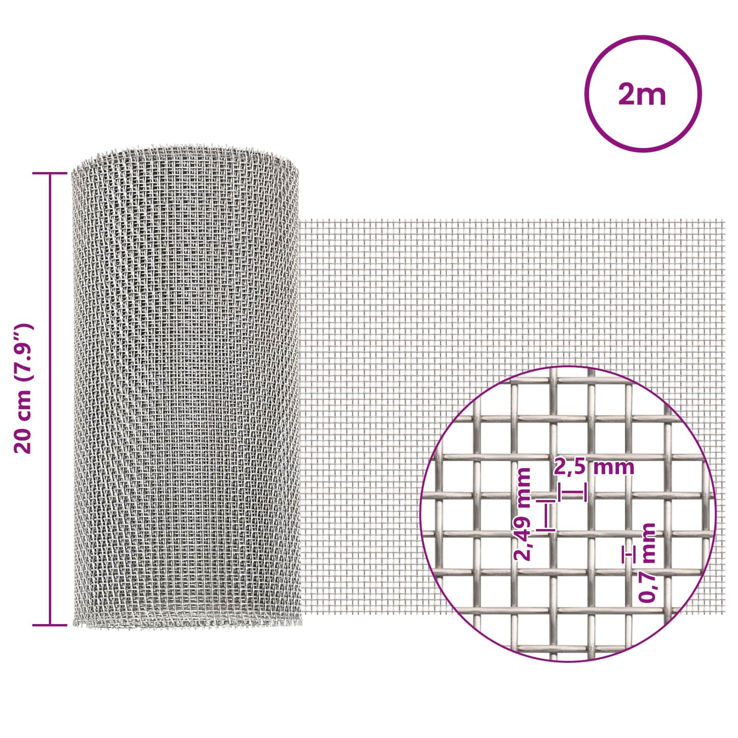 vidaXL Πλέγμα Οθόνης 20 x 200 cm 8 Mesh Ανοξείδωτο Ατσάλι 201 Ασημί