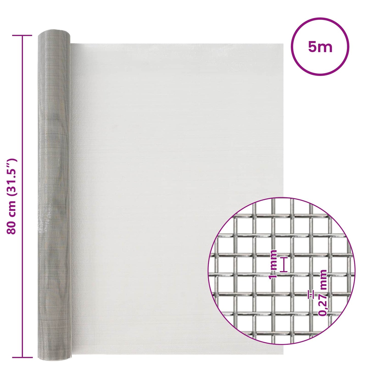 vidaXL Πλέγμα Οθόνης 80 x 500 cm 20 Mesh Ανοξείδωτο Ατσάλι 201 Ασημί