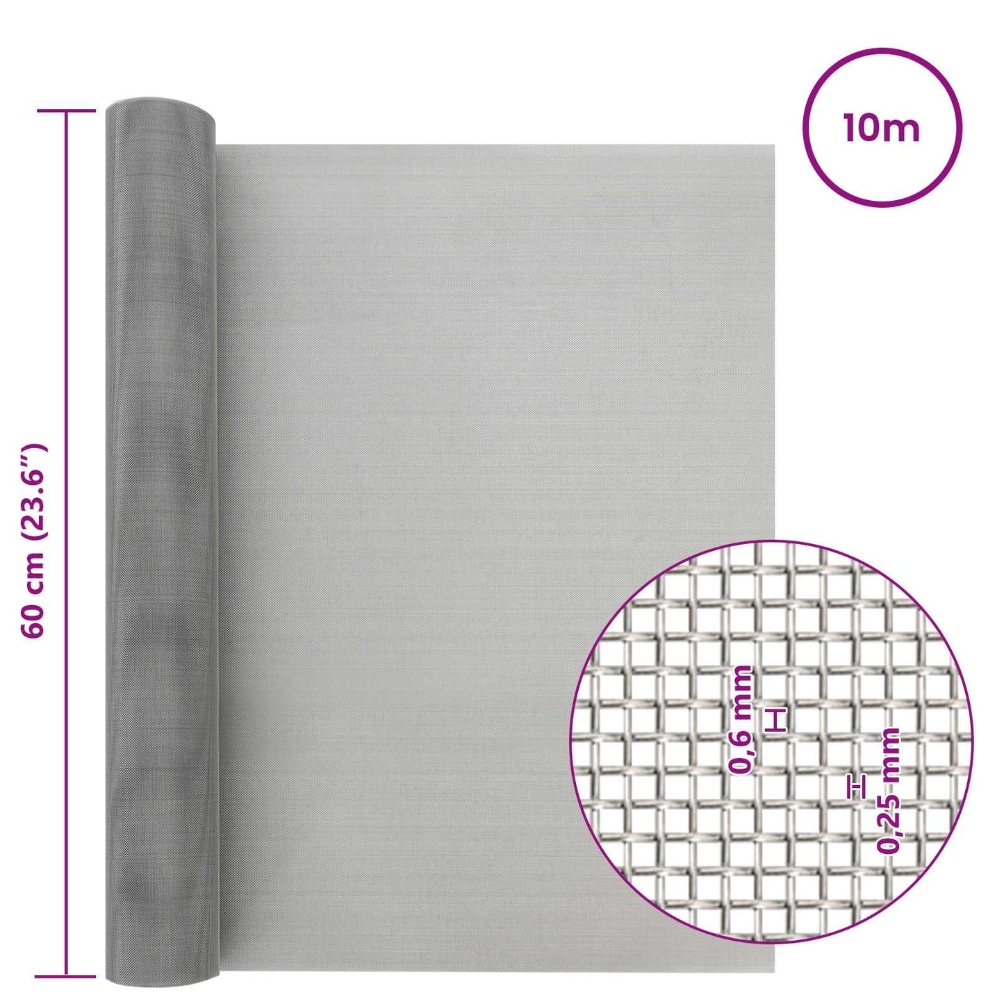 vidaXL Πλέγμα Οθόνης 60 x 1000 cm 30 Mesh Ανοξείδωτο Ατσάλι 201 Ασημί